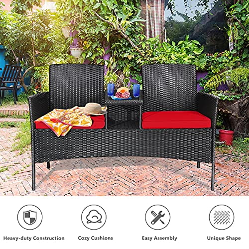 LDAILY Patio Conversation Set, Modern Rattan Loveseat, Outdoor Furniture Set with Removable Cushions & Table, Patio Wicker Sofa Set, Tempered Glass Top, Ideal for Garden Lawn Backyard