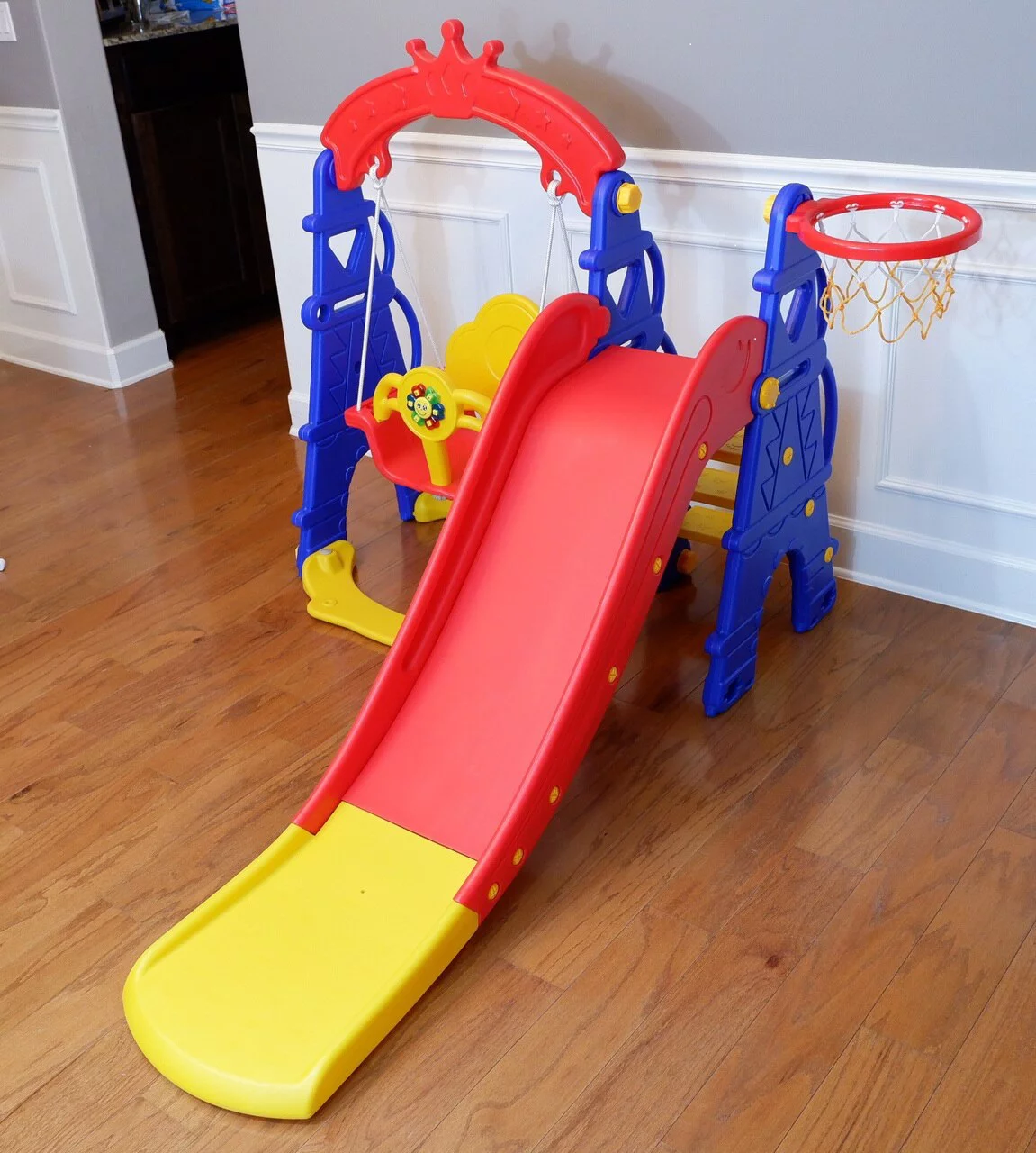 IMP Indoor kids 4 in 1 function Slide, baby swing. Toys for toddlers indoor slide, basketball, swing and music. Plastic playground slide for toddler. Toddler climber indoor playhouse. Playset