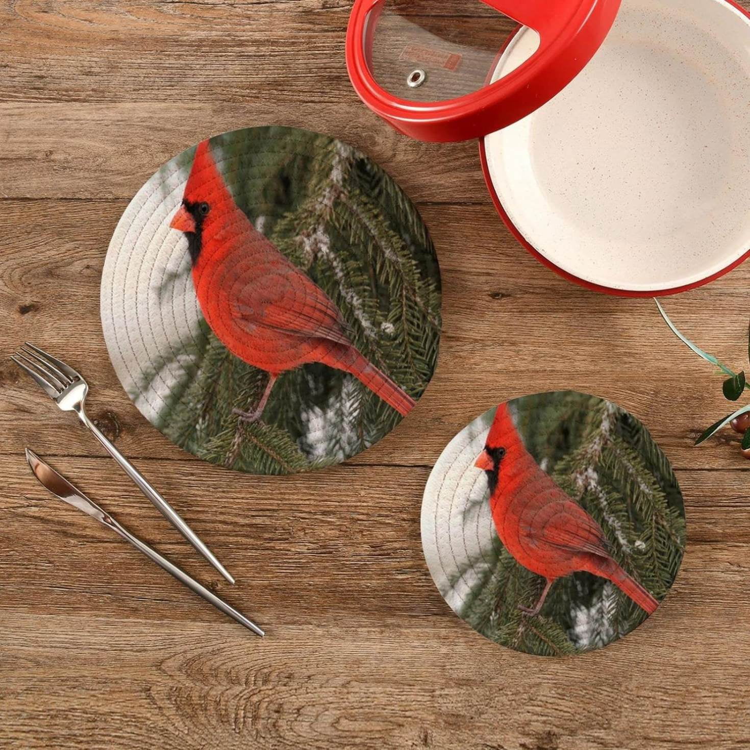 Spruce Branch Cardinal Snow Potholders Set Trivets Set 100% Pure Cotton Thread Weave Hot Pot Holders Set of 2, Winter Stylish Coasters, Hot Pads, Hot Mats,Spoon Rest For Cooking and Baking
