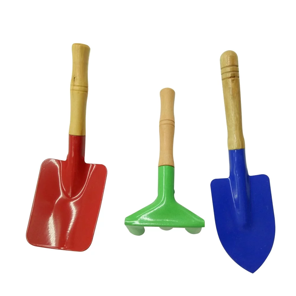 3Pcs Kids Garden Tools Metal with Sturdy Wooden Handle Safe Gardening Tools Trowel Rake Shovel for Children Kids (Random Color)