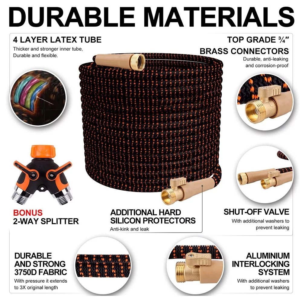 50ft Expandable Garden Hose, Water Hose with 9 Function Nozzle and Durable 4-Layers Latex, Flexible Water Hose with Solid Fittings