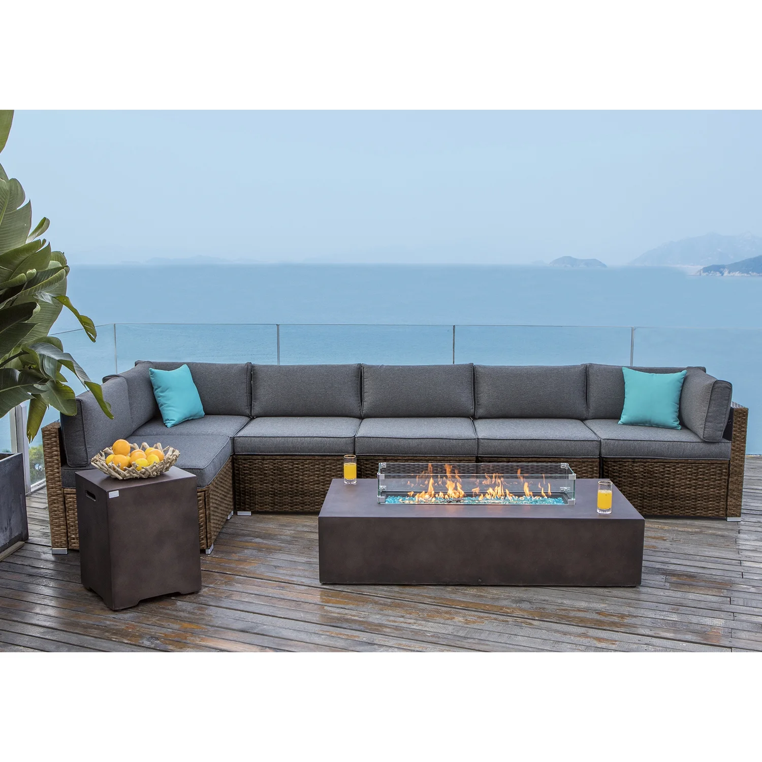 COSIEST 8 Piece Outdoor Chocolate Brown Wicker Sectional Sofa, Fire Pit Table