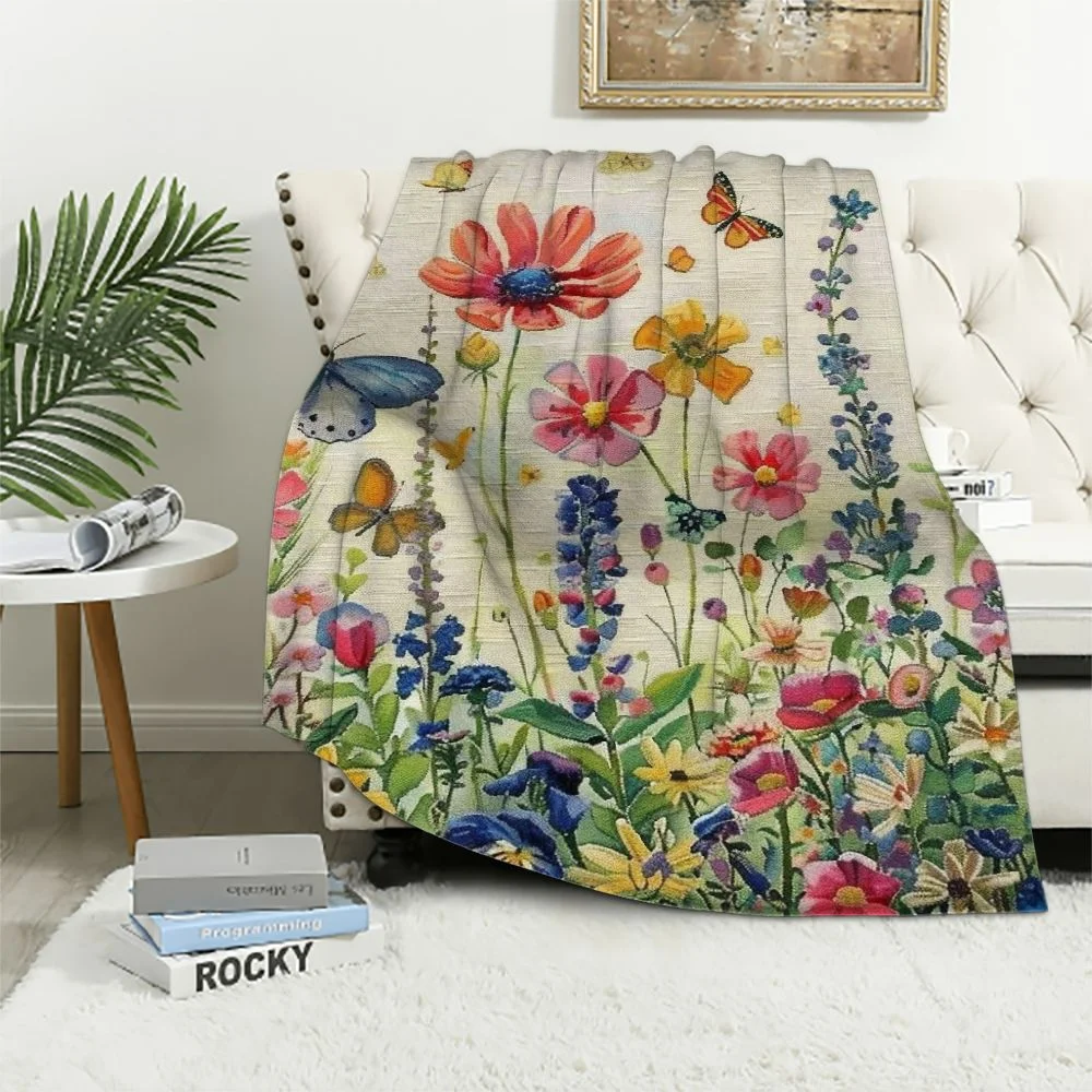 MAXIAO Bed Spring Flower Colorful Herbs Plant Leaf Floral Daisy Butterfly Flannel Blanket White