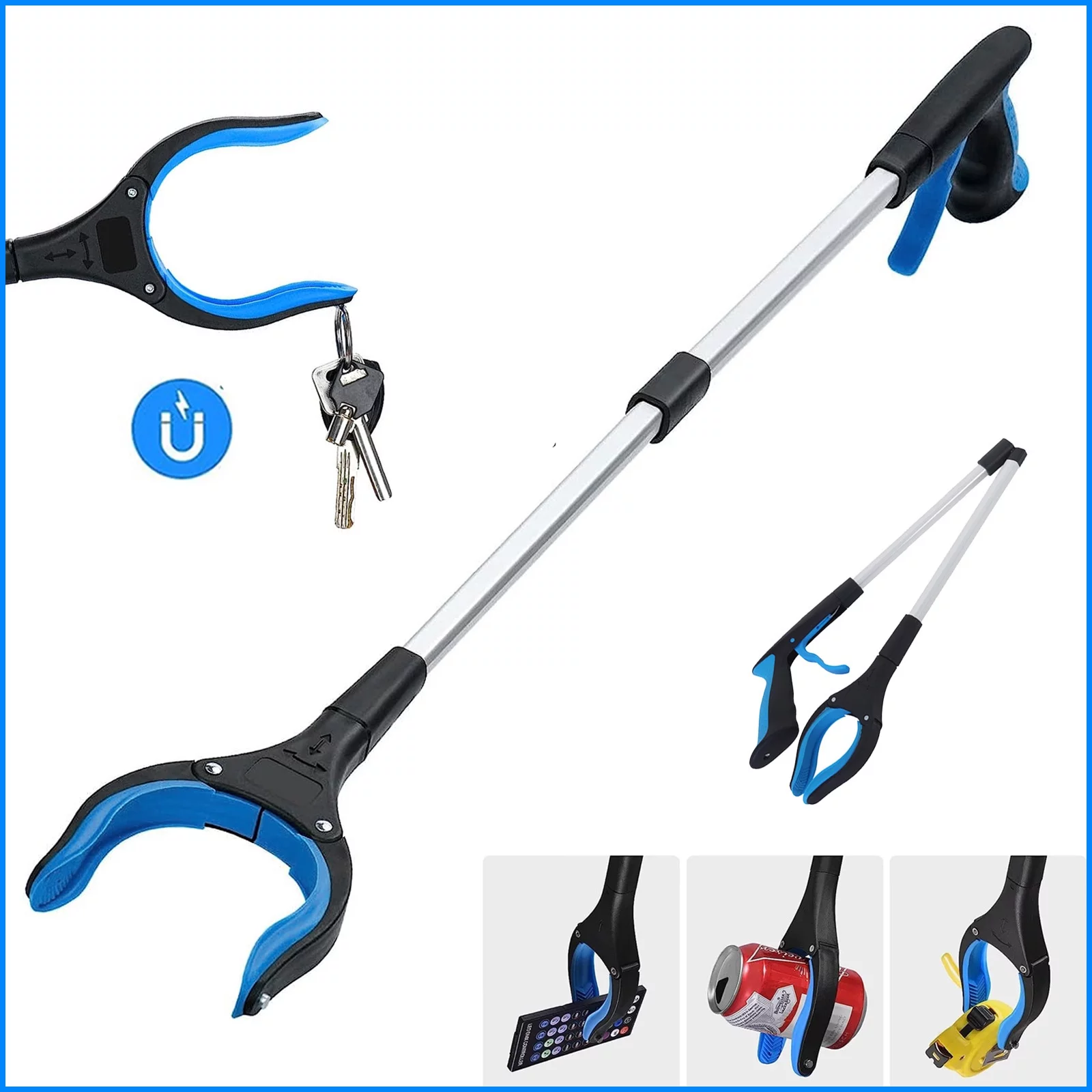 Grabber Reaching Tool with Anti-Slip Rotating Jaw,Foldable Grabbers for Elderly,Lightweight Trash Claw Grabber with Magnet,Garden Nabber Reacher Grabber Tool Blue