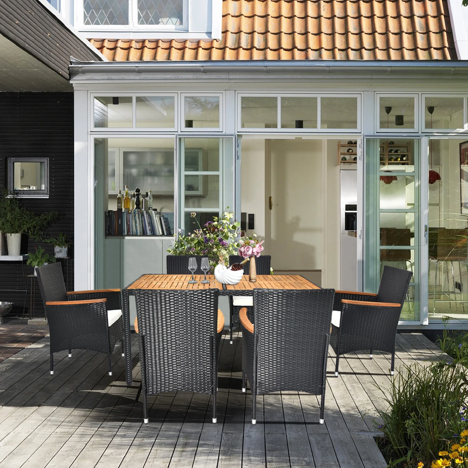 CYBORIS Outdoor Patio Furniture Set, 7 Piece Wicker Rattan Outdoor Dining Set with Acacia Wood Dining Table Top and Soft Seat Cushions for Deck Backyard Garden, Black, Outdoor Sectional, Grey