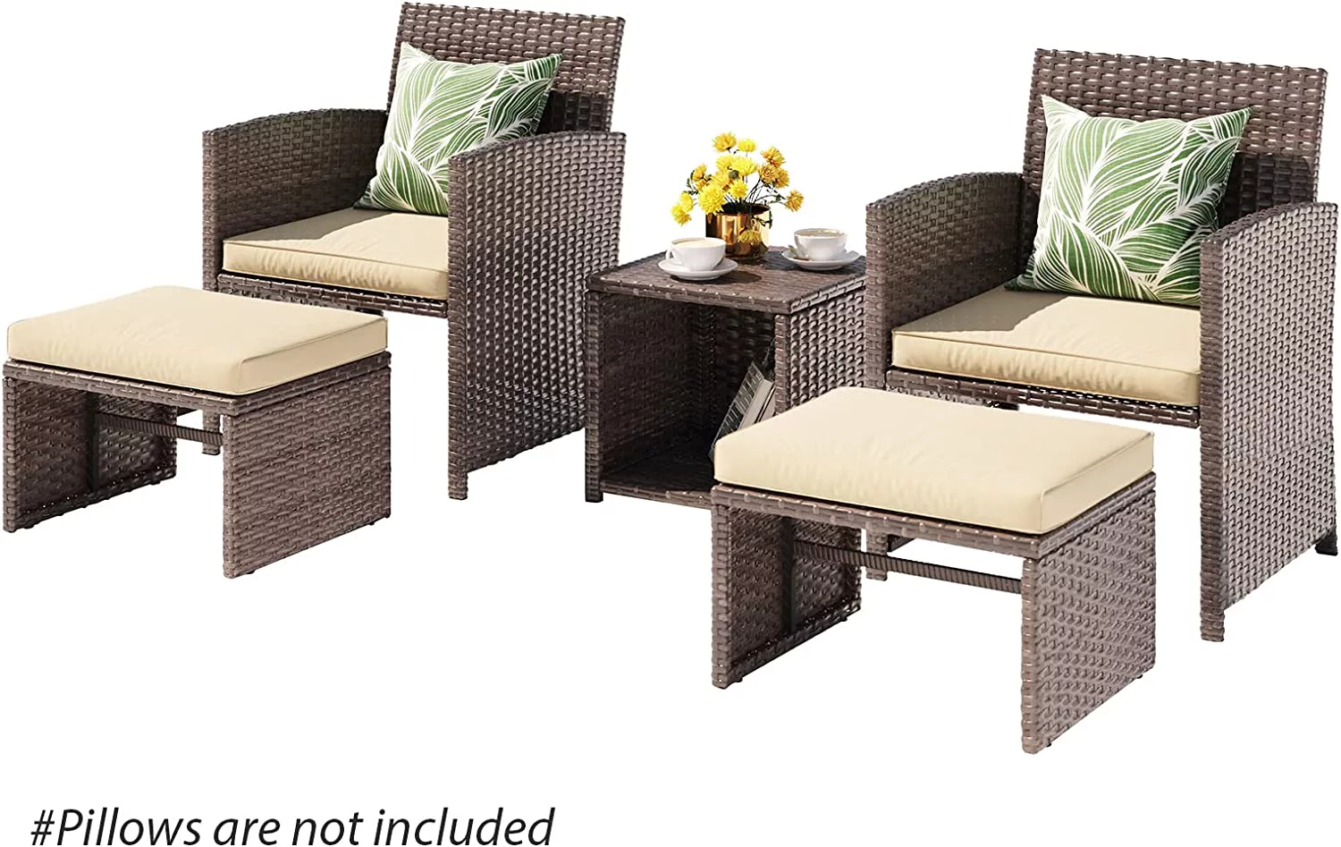 5 Pcs Patio Conversation Set Balcony Furniture Set with Beige Cushions, Brown Wicker Chair with Ottoman, Storage Table for Backyard, Garden, Porch