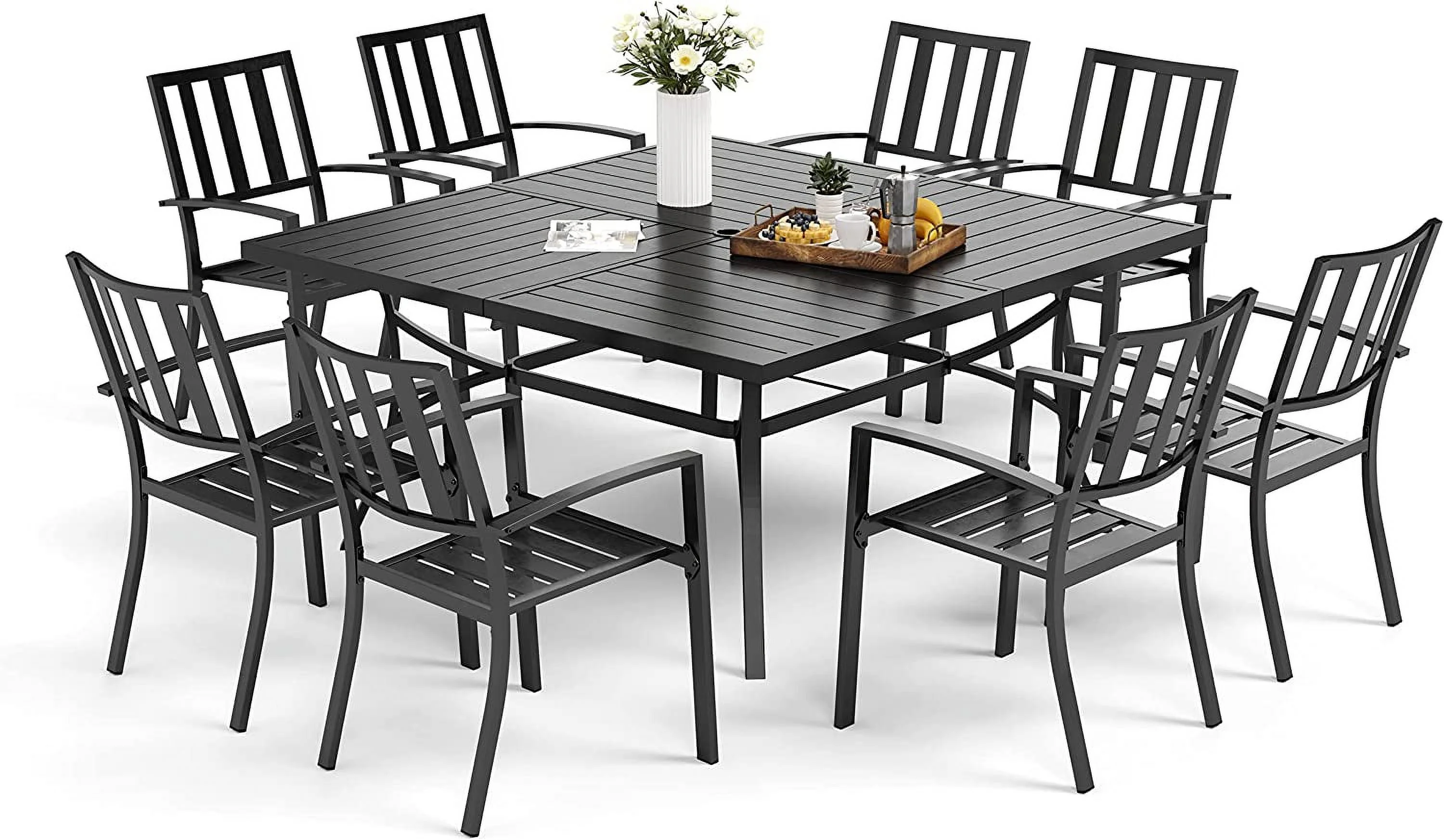 durable 9 PCS Outdoor Patio Dining Set  8 Metal Chairs and 1 Square Dining Table with 1.57" Umbrella Hole Furniture Sets for Lawn Backyard Garden