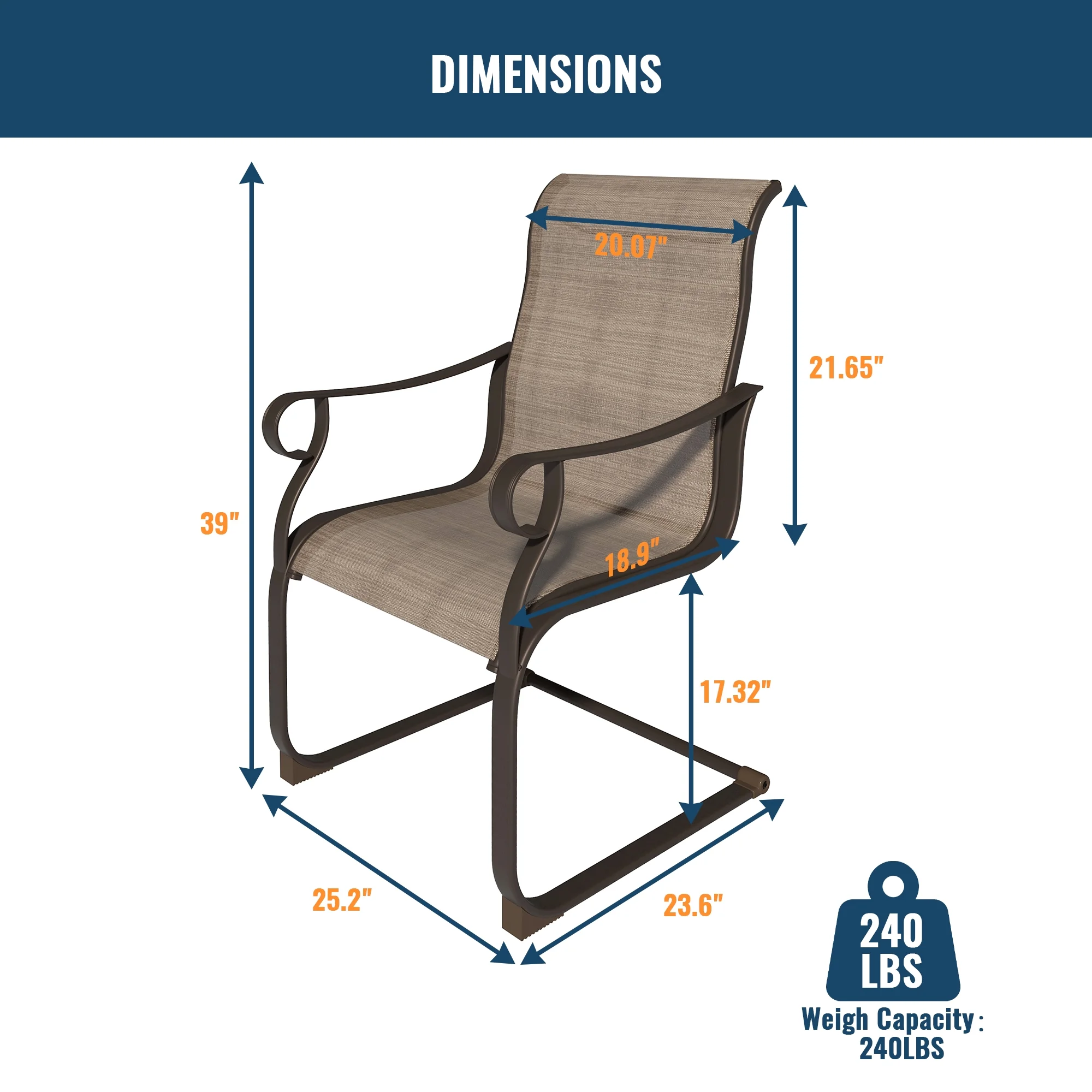 Boyel Living Patio Dining Chairs, Outdoor Dining Chairs All-Weather Spring Motion Textilene Patio Furniture, Set of 2