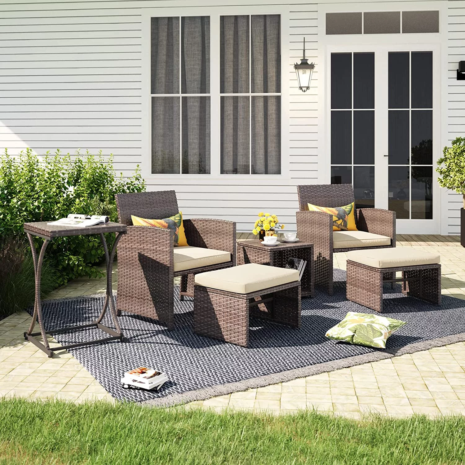 Dina 6 Piece Patio Wicker Furniture Set  Balcony All Weather Rattan Chair  with Space Saving Ottoman  Resin Nesting Coffee Table  Modern Design  Dark Grey