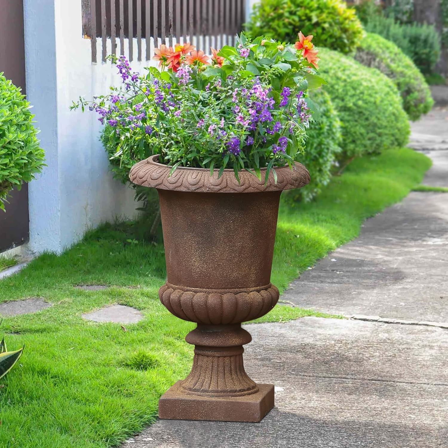 H Rustic Brown Urn Planter Large Round Classic Traditional Front Porch Flower Pots Plant Pots For Outdoor Indoor