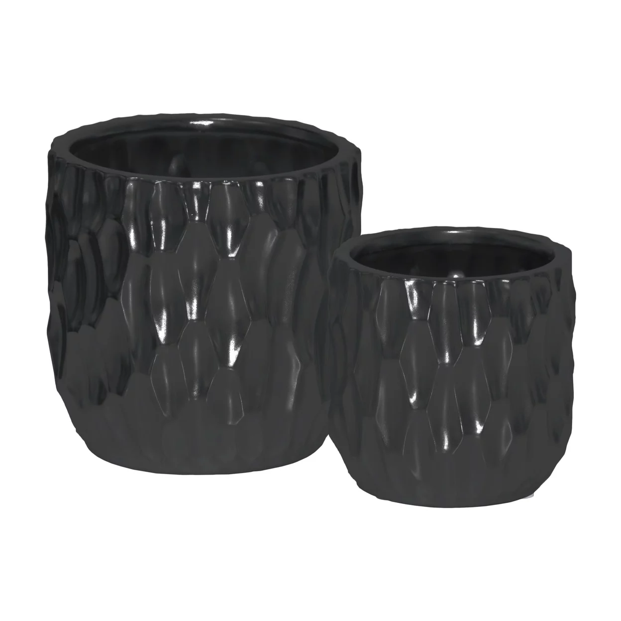 Ceramic Cylindrical Pot with Wide Mouth and Embossed Rectangle Design Body Set of Two Matte Finish Black