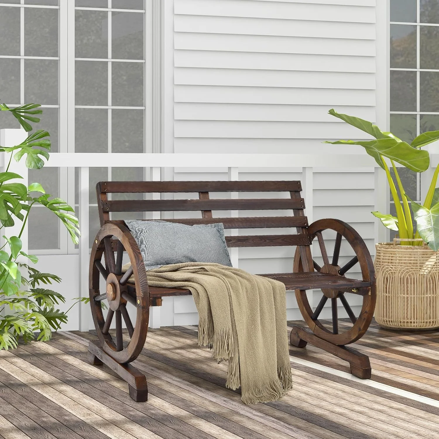 Elegant Outdoor Bench Wooden Wagon Wheel Bench, 2-Person Outdoor Garden Bench W/Slatted Seat, Backrest, Armrests for Backyard, Garden Rustic Retro Style Outside Decor Lounge Furniture Elegant Bench
