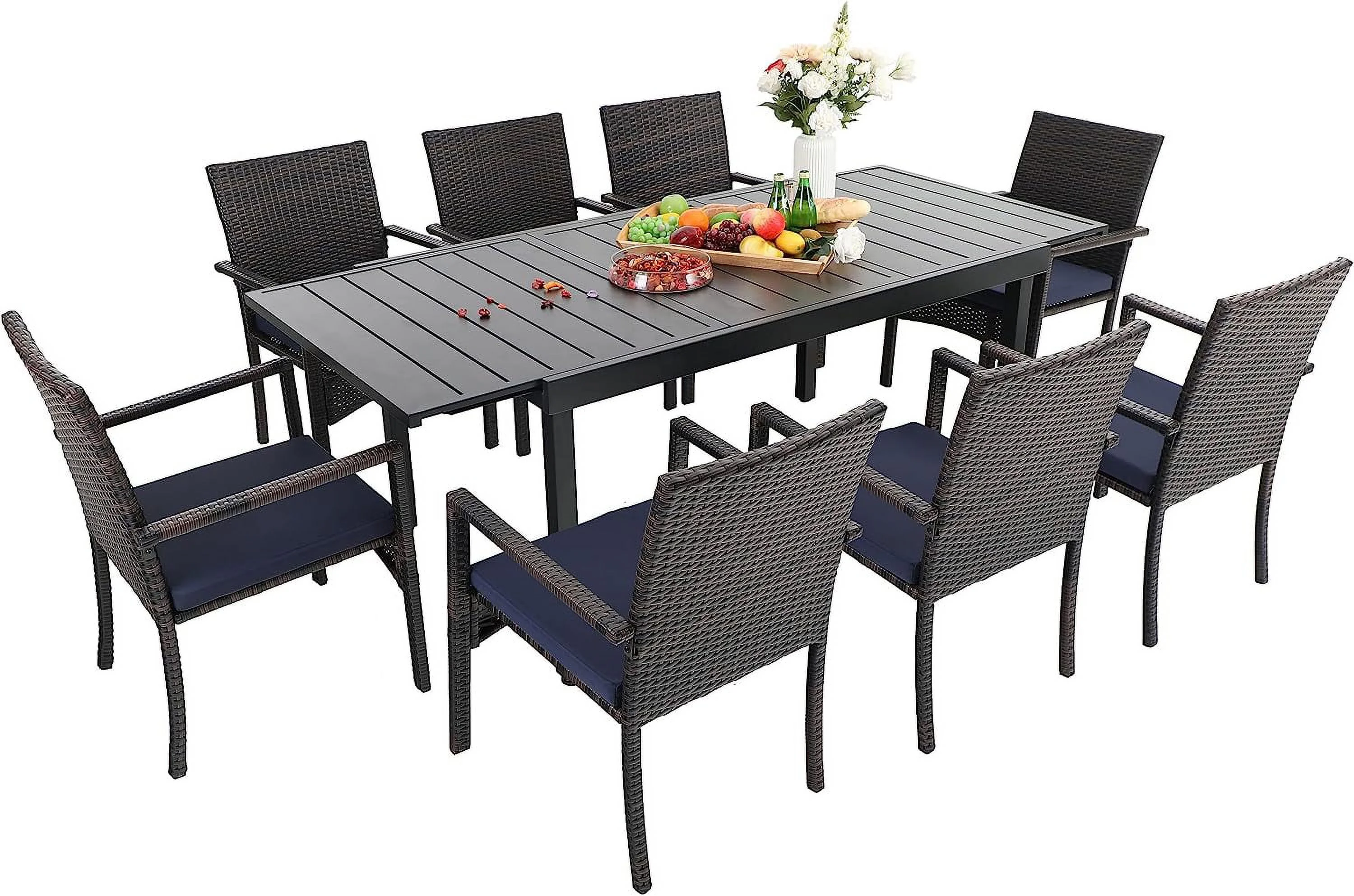 & William 9 Pieces Patio Dining Set for 6-8 People  Outdoor Expandable Metal Table and PE Rattan Chairs Set with Cushions  Modern Conversation Furniture for Terrace Porch Backyard