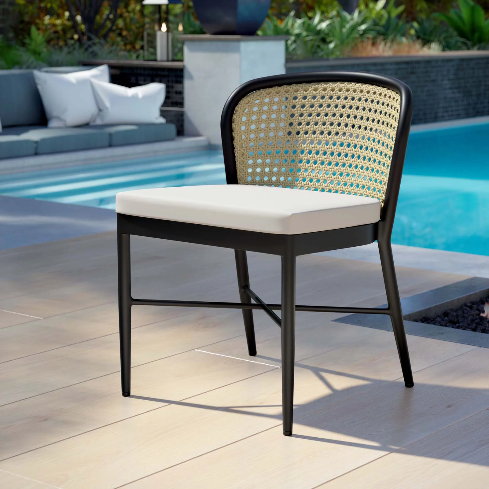 Side Dining Chair, Ivory White, Aluminum, Metal, Steel, Modern Contemporary, Outdoor Patio Balcony Cafe Bistro Garden Furniture Hotel Hospitality