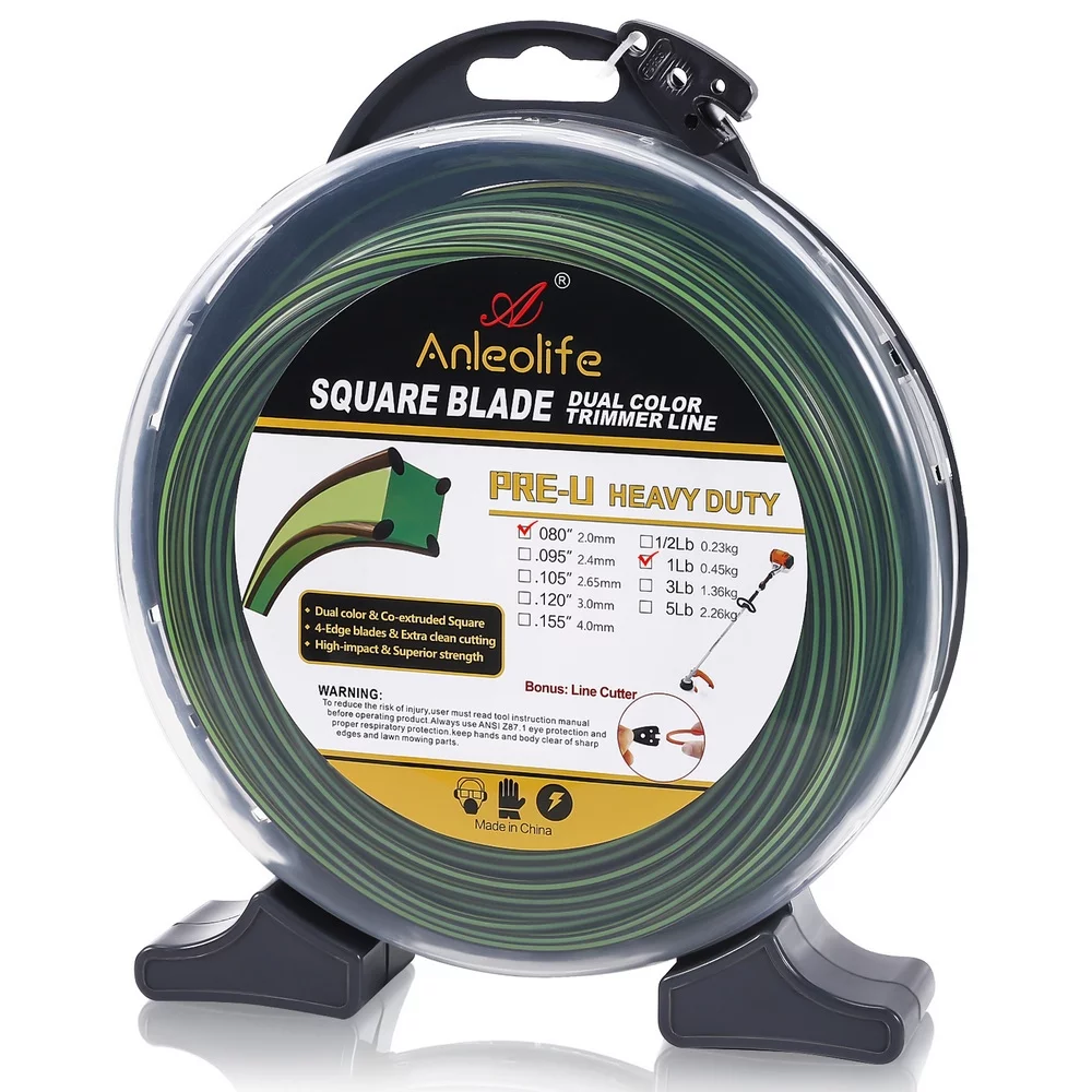 A ANLEOLIFE 1-Pound Commercial Square .080-Inch-by-328-ft Trimmer Line Donut,Pre-U Co-Extruded Multi-Blade Weed Eater String, Green