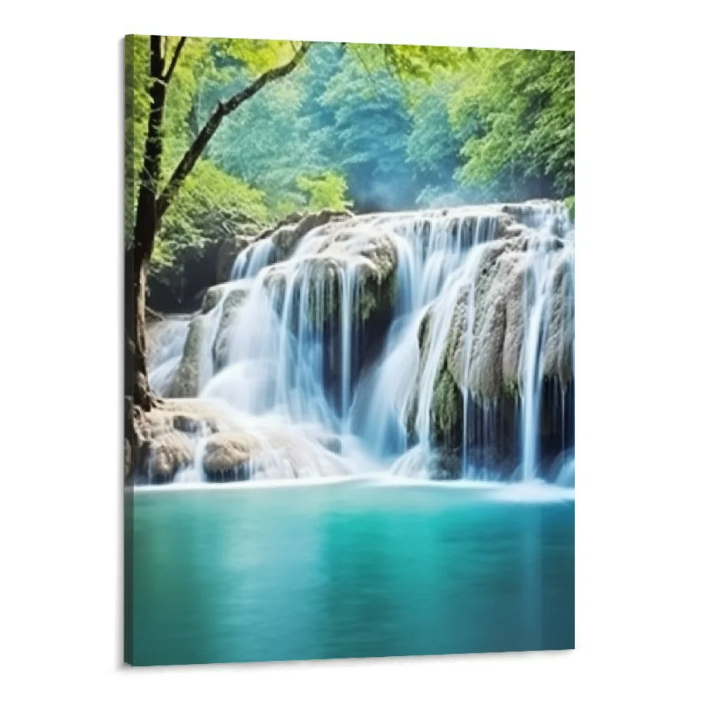 Fenyluxe Waterfall Wall Art Decor Canvas Print Picture Painting for Living Room Landscape Nature Wildlife Waterfall Green Tree Home Bedroom Decoration Modern Artwork -16x20inch