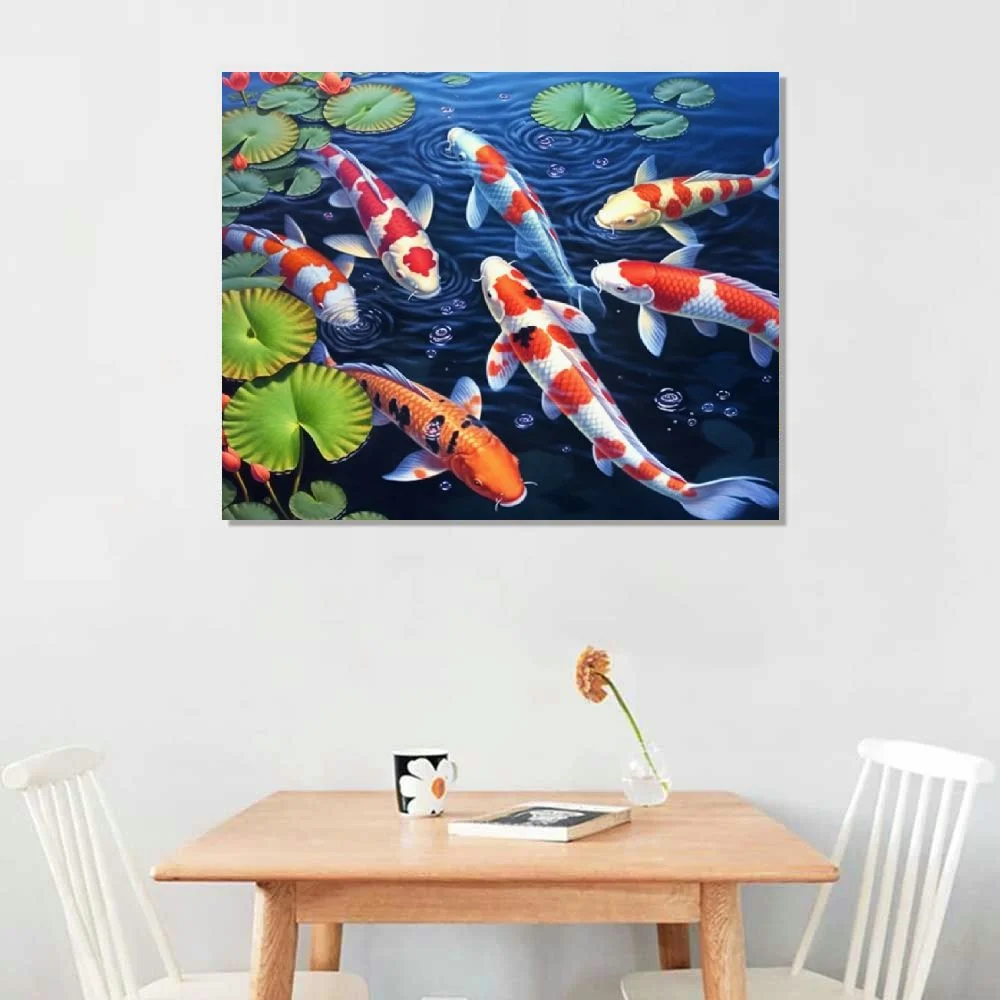 QFMY  Nine Koi Fish Feng Shui Carp Lotus Pond Pictures Abstract Canvas Painting Wall Art for Living Room Modern Home Decor Ready to Hang 20x16in