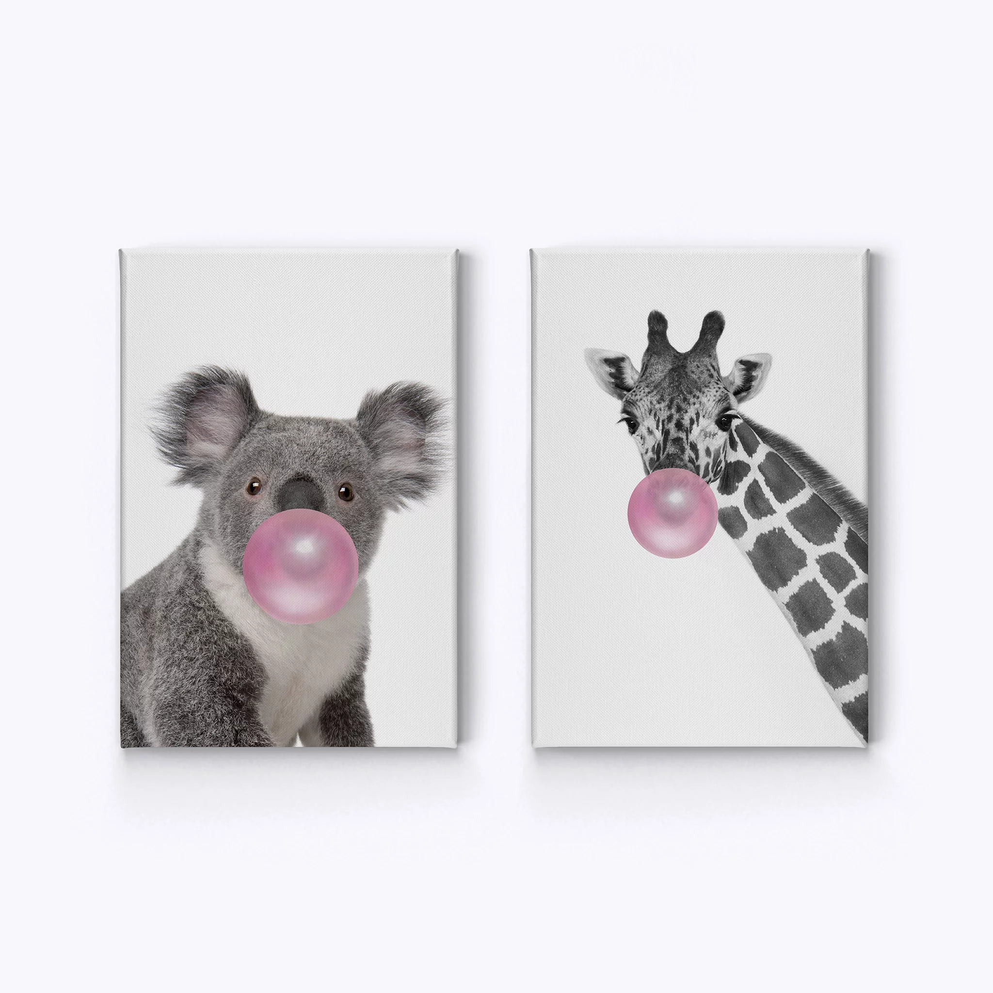 Smile Art Design Koala and Giraffe Animal Bubble Gum Art 2 PANEL CANVAS PRINT SET Pink Gum Black and White Wall Art Home Pop Art Living Room Kids Room Nursery Ready to Hang Made in USA 12x8