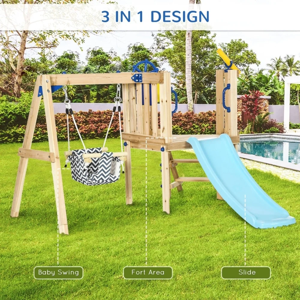 Wooden Swing Set with Toddler Slide and Safety Features - Perfect for Outdoor Play in the Backyard