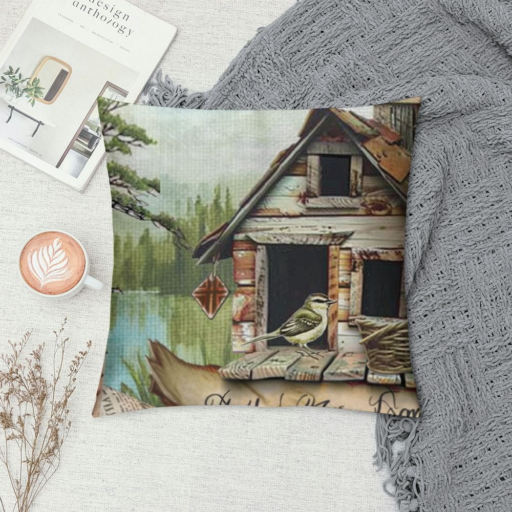 Qlloopoed Hopyeer Vintage Mountain Lake Cabin Scenery Pillow Covers Decor Warm Memories Quote with Robin Bird Nest Pinecone Cotton Linen Throw Pillow Case Square Cushion Cover for Chair Couch White