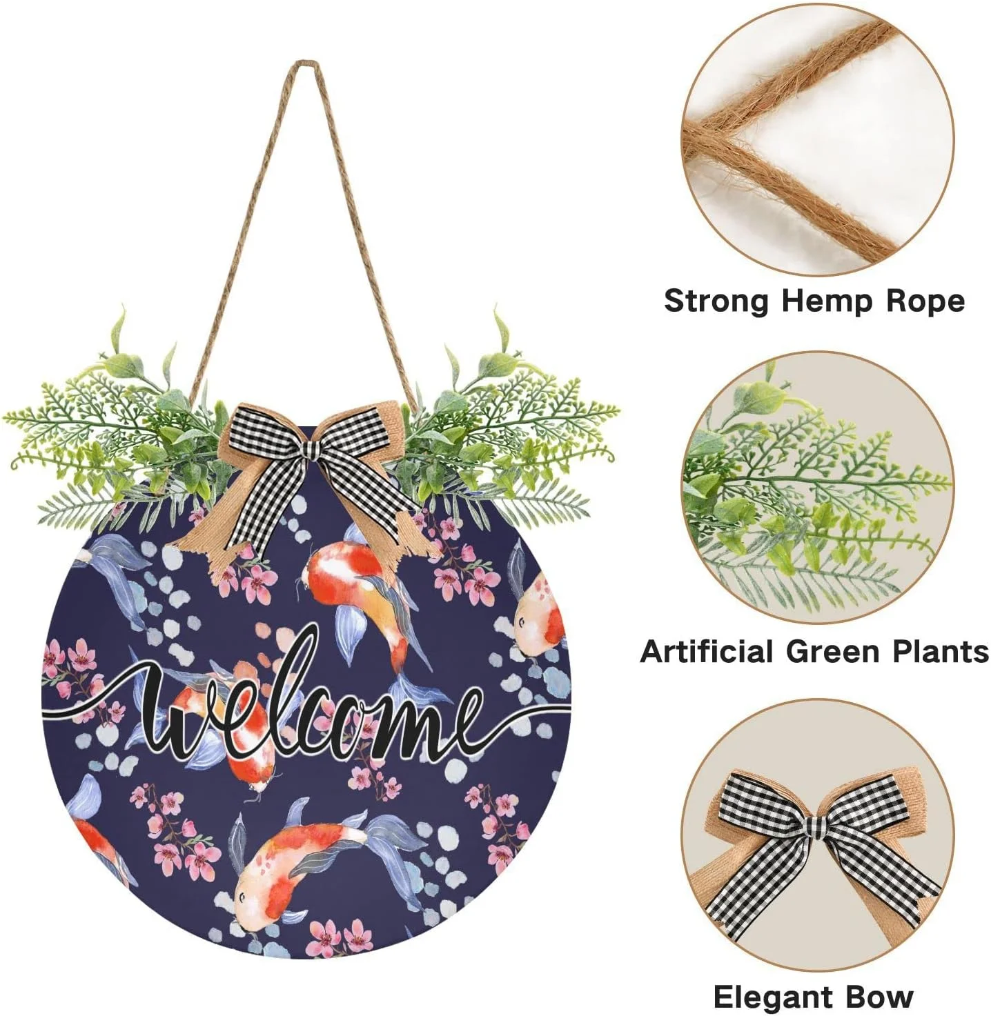 Welcome Sign with Wreath for Front Door, Rustic Round Hanging Welcome Sign, Wall Housewarming Gift for Home 11.8in, Koi Fish in The Pond Home Decor