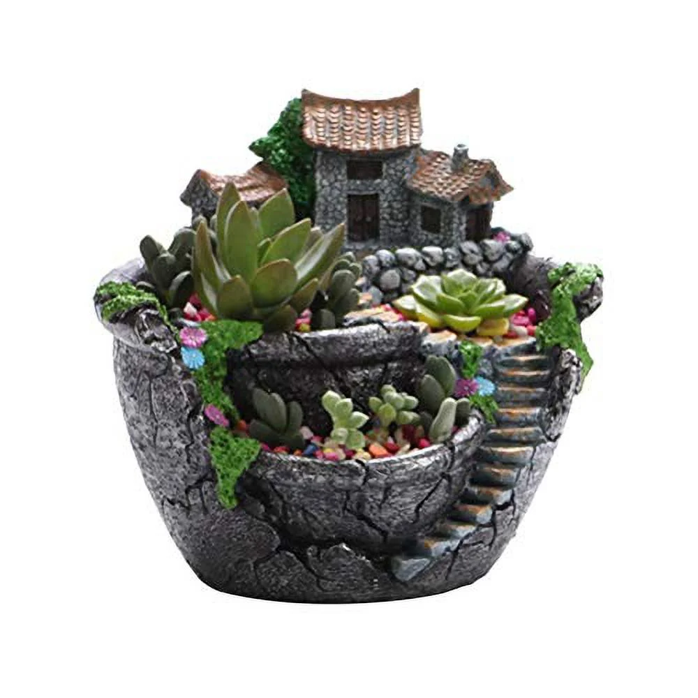 Creative Resin Plant Pot, Succulent Plant Pot with Sweet House, Mini Fairy Garden Micro Landscape Plant in Pot