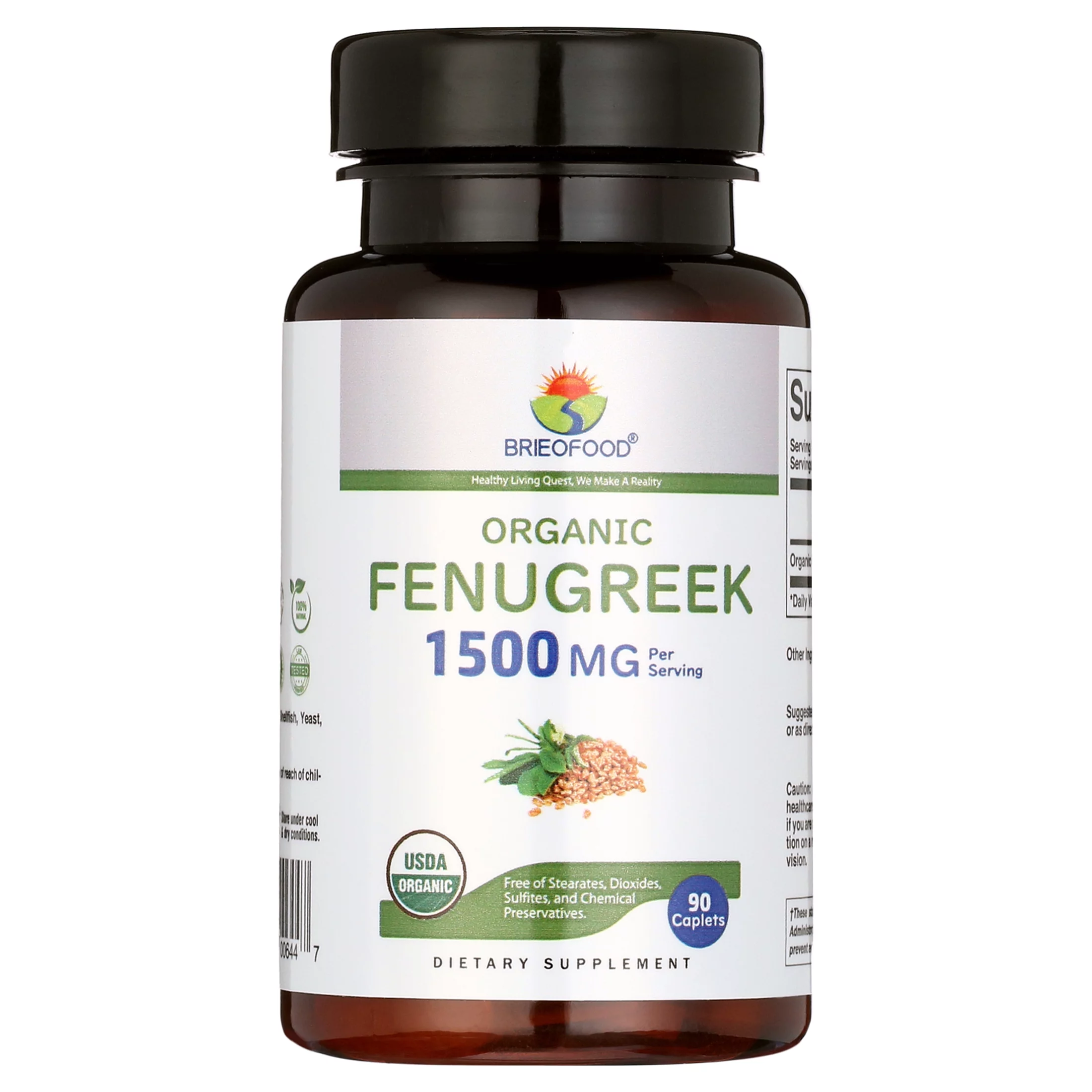 Brieofood Organic Fenugreek 1500mg, 45 Servings, Vegetarian, Gluten Free, 90 Vegetarian Tablets