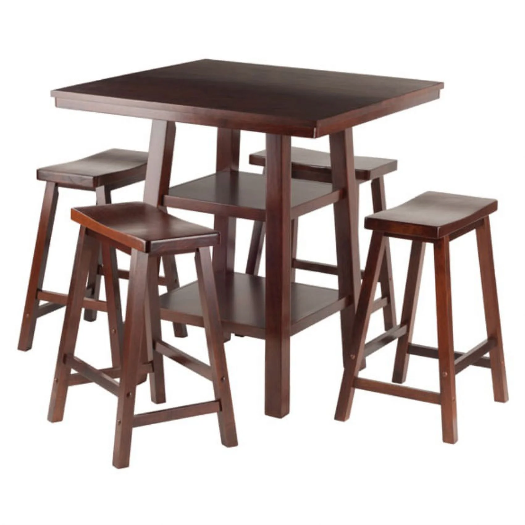 Ergode Orlando 5-Pc Set High Table, 2 Shelves w/ 4 Saddle Seat Stools