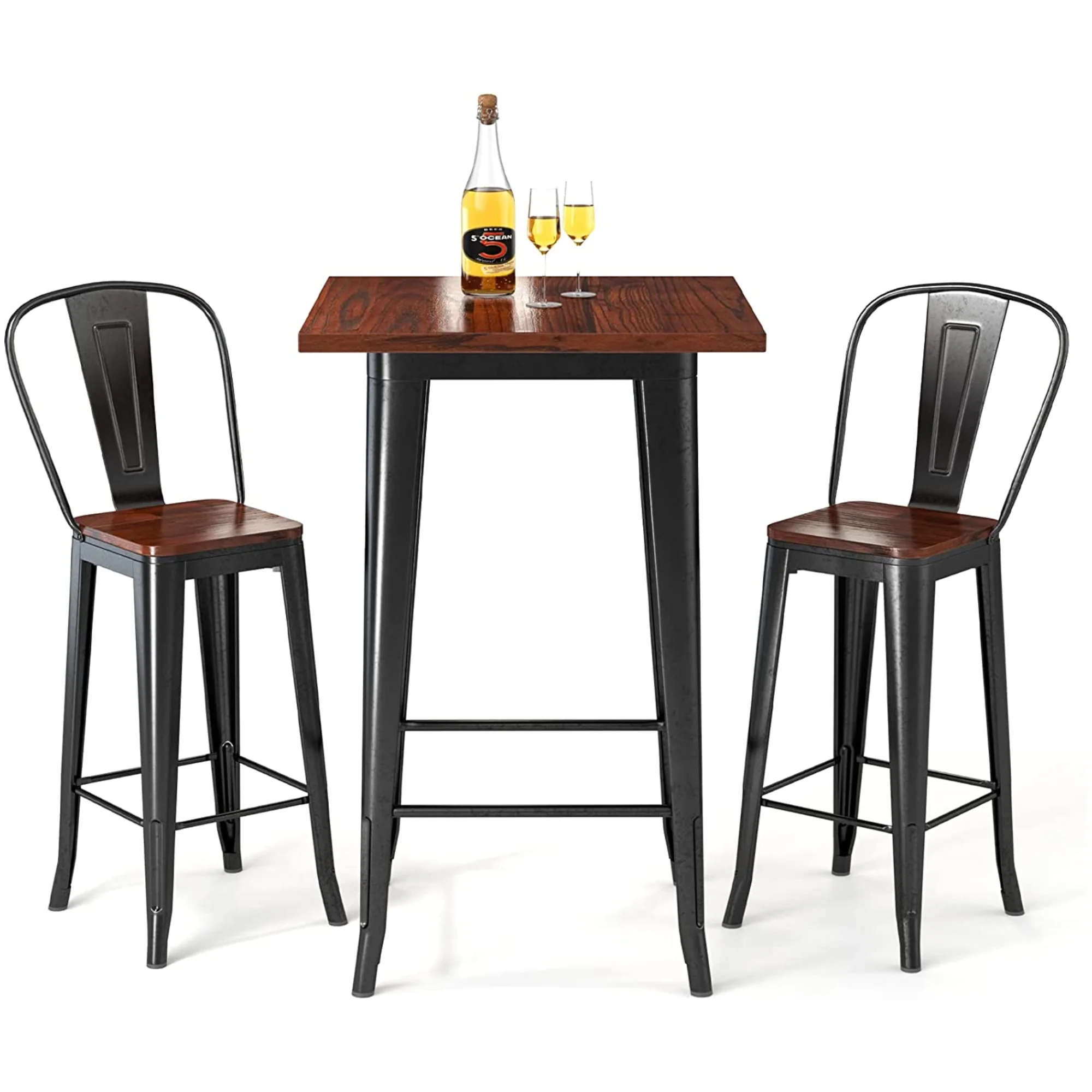 Bar Table Set, Lofka Square Counter Height Bistro Dinette Sets with 2 stools, Brown
