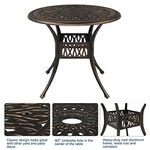 Outvita Patio Side Table, 35.4in Outdoor Round Cast Aluminum Bistro Table with Umbrella Hole and Antique Design for Backyard Porch Pool Balcony Deck Bronze