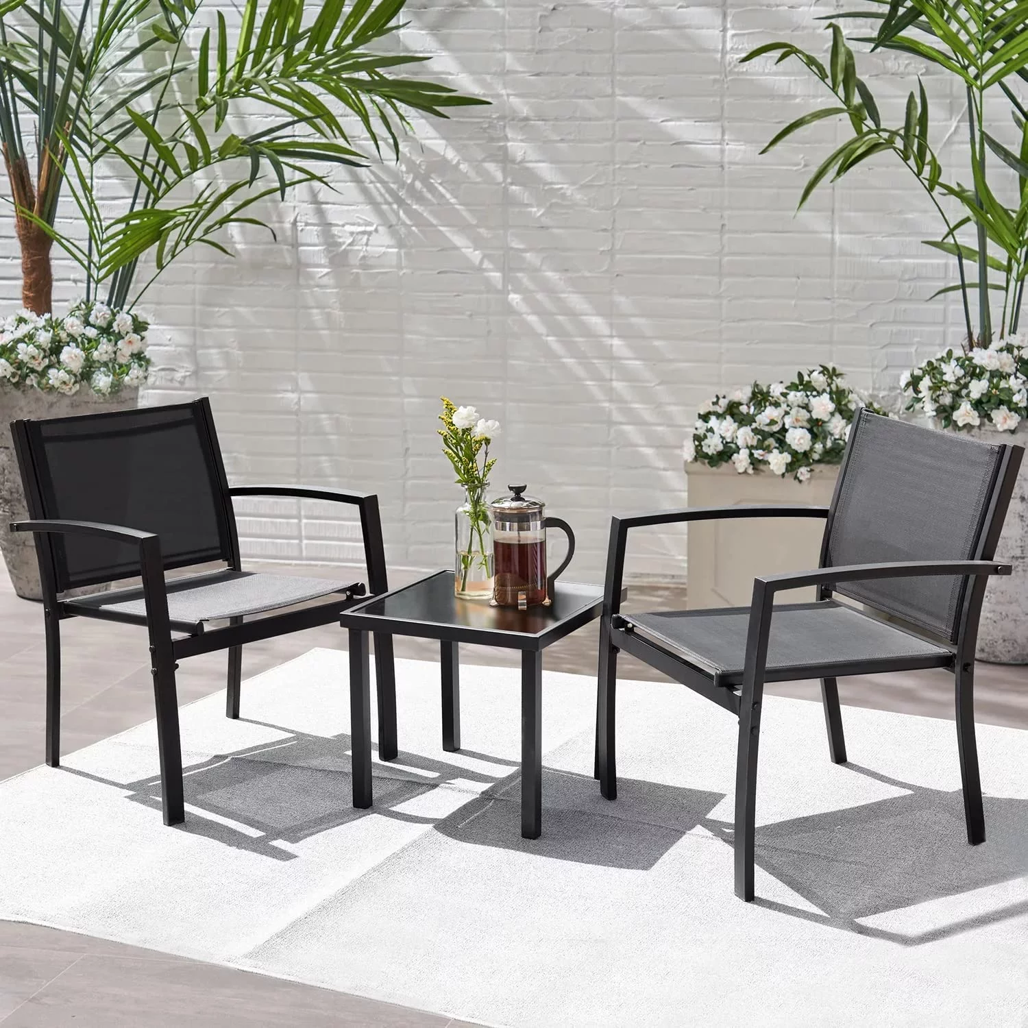 Patio Chairs 3 Piece Outdoor Textilene Fabric Bistro Conversation Set with Side Table All Weather Porch Furniture for Balcony, Poolside, Lawn (Black)