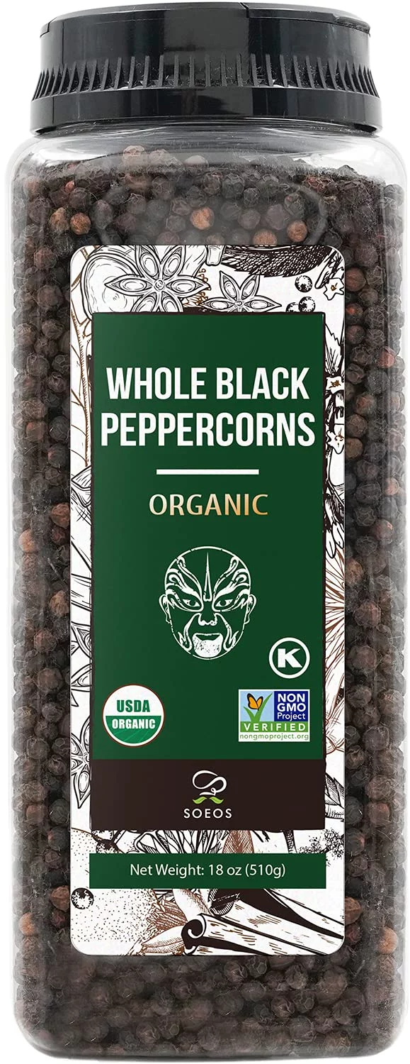 Soeos Organic Black Peppercorns 18oz, Non-GMO Certified, Organic Peppercorns Bulk, Whole Peppercorns