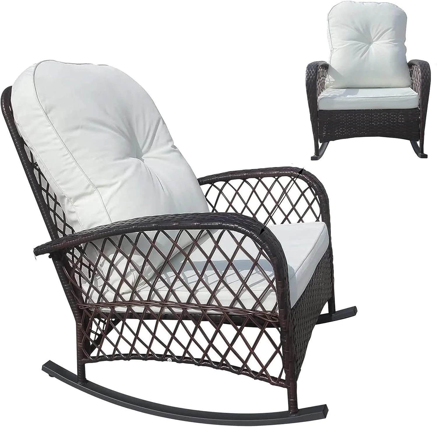 GFVCNIO Outdoor Wicker Rocking Chair  Rattan Patio Rocker Chair with Cushion  Garden Rattan Sofa All-Weather Patio Rocker Chairs Weight Capacity 330lbs - Brown with White Cushion