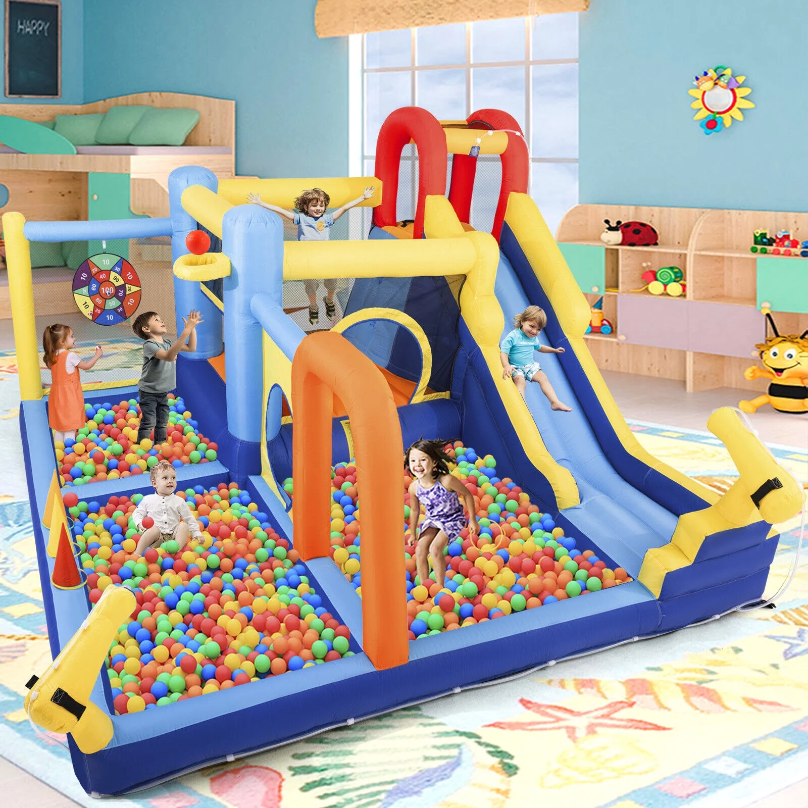 JOYLDIAS Inflatable Water Slide Bouncer Castle Kids Playhouse with Splash Pool, Climbing Wall, Trampoline, Felt Ball Target, Ring Toss Game, 550W Air Blower