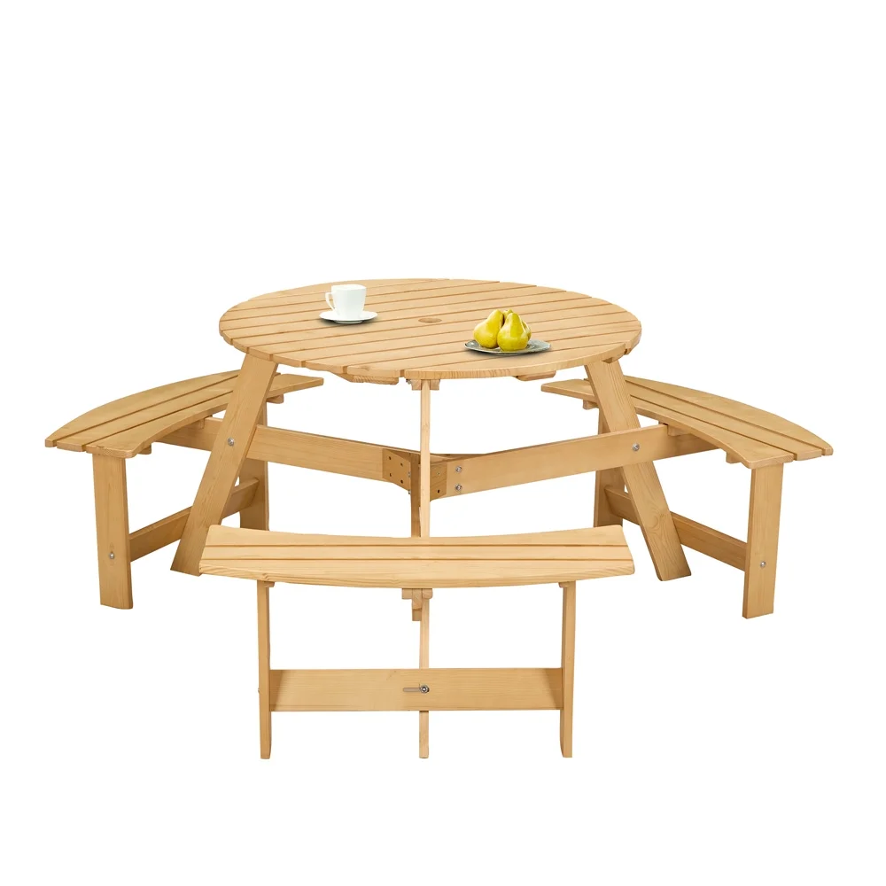 Yone jx je Outdoor 6 Person Picnic Table, 6 person Round Picnic Table with 3 Built-in Benches, Umbrella Hole, Outside Table and Bench Set for Garden, Backyard, Porch, Patio,Natural