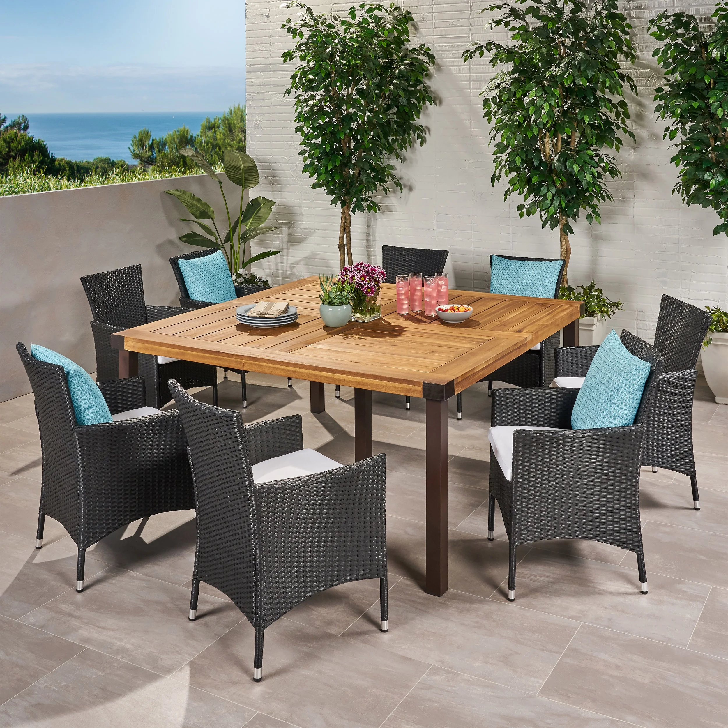 Finnegan Outdoor 8 Seater Acacia Wood and Wicker Dining Set with Cushions, Teak Finish, Black