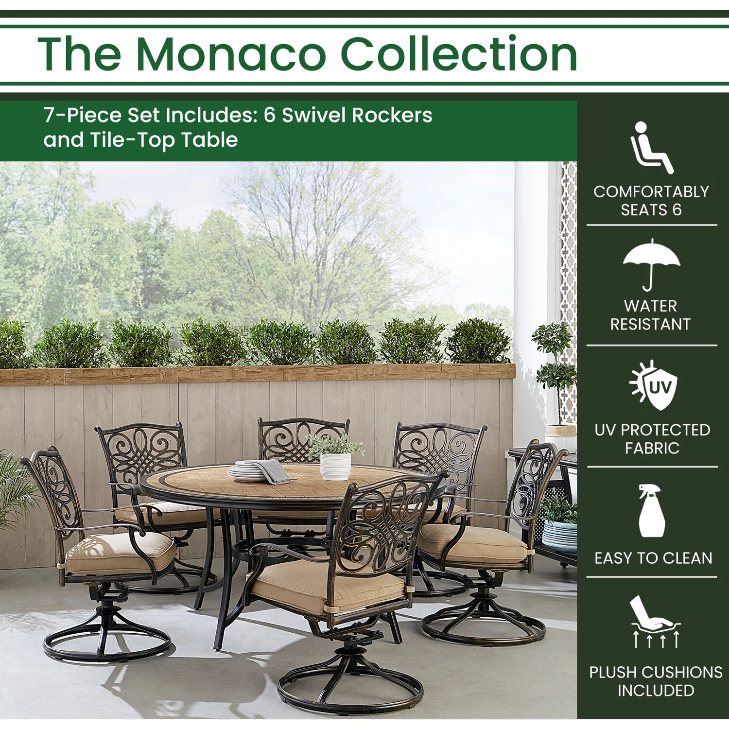 Hanover Monaco 7-Piece Dining Set in Tan with Six Swivel Rockers and a 60-in. Tile-Top Table