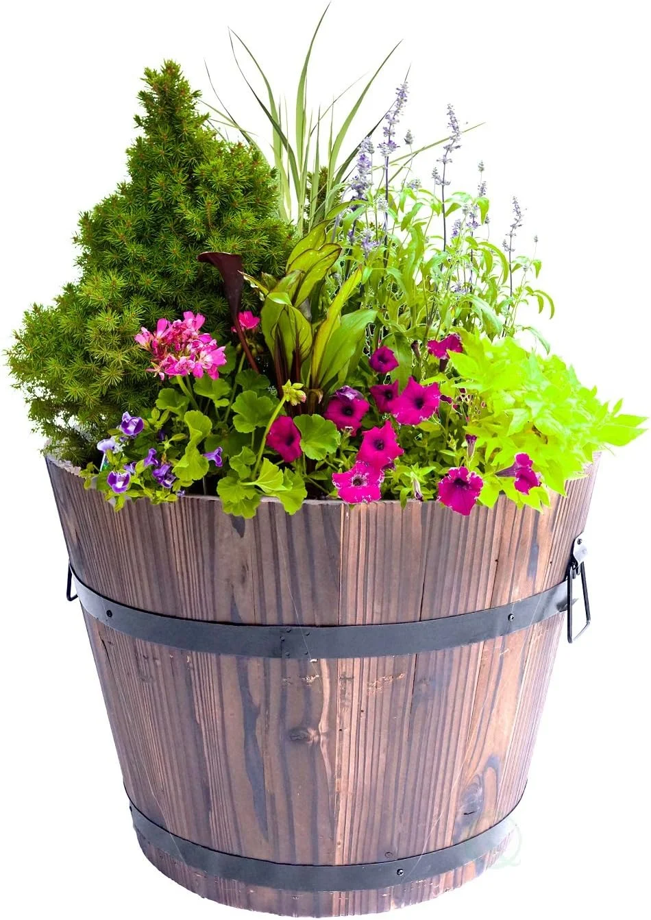 Rustic Wooden Whiskey Barrel Planter with Durable Medal Handles and Drainage Hole - Perfect for Indoor and Outdoor Plants, Herbs, and Vegetables - Medium