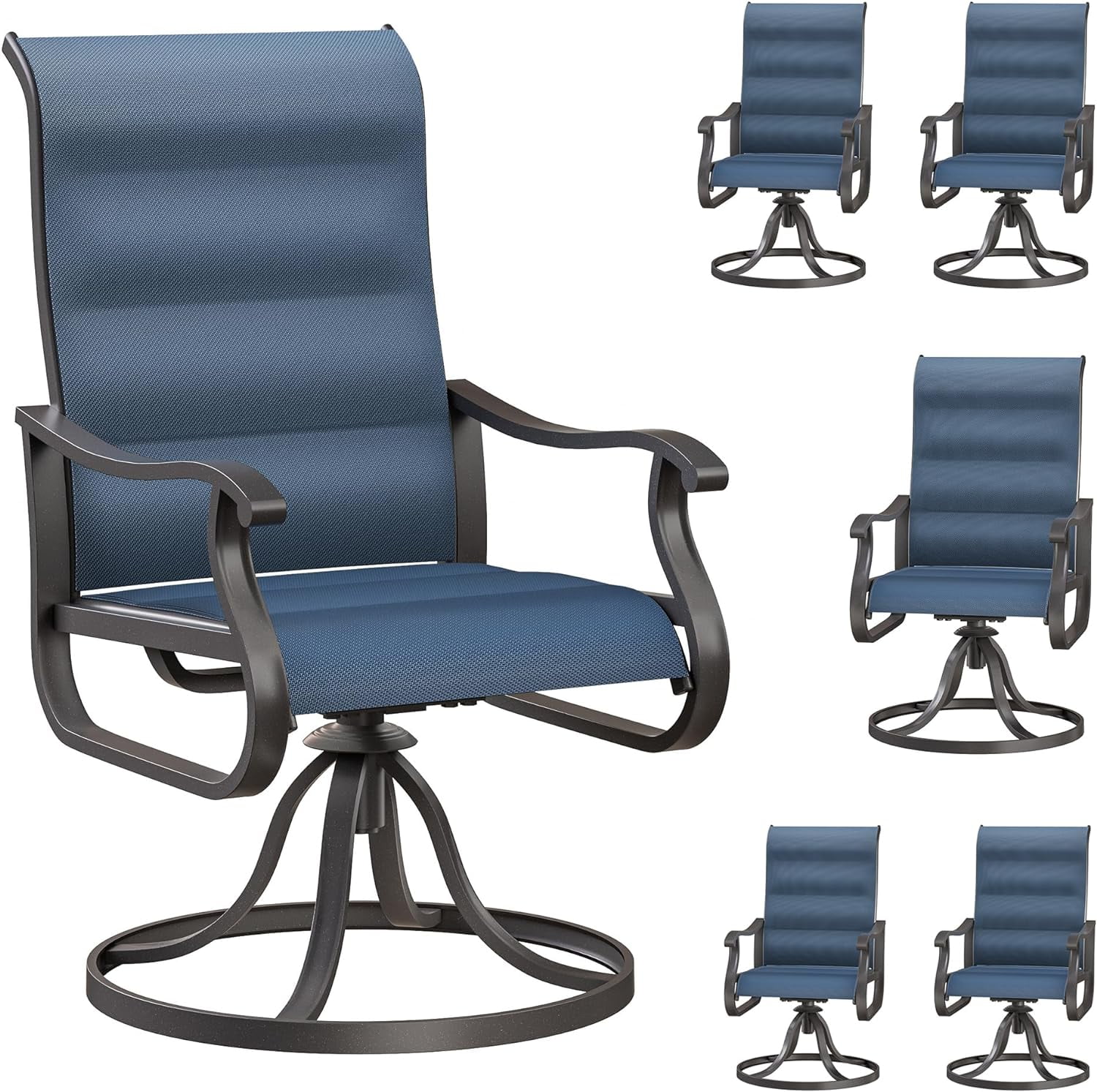 Patio Swivel Chairs Set of 6, Outdoor Dining Chairs with High Back, All-Weather Swivel Rocker Chair for Lawn, Porch or Garden (Padded Navy)