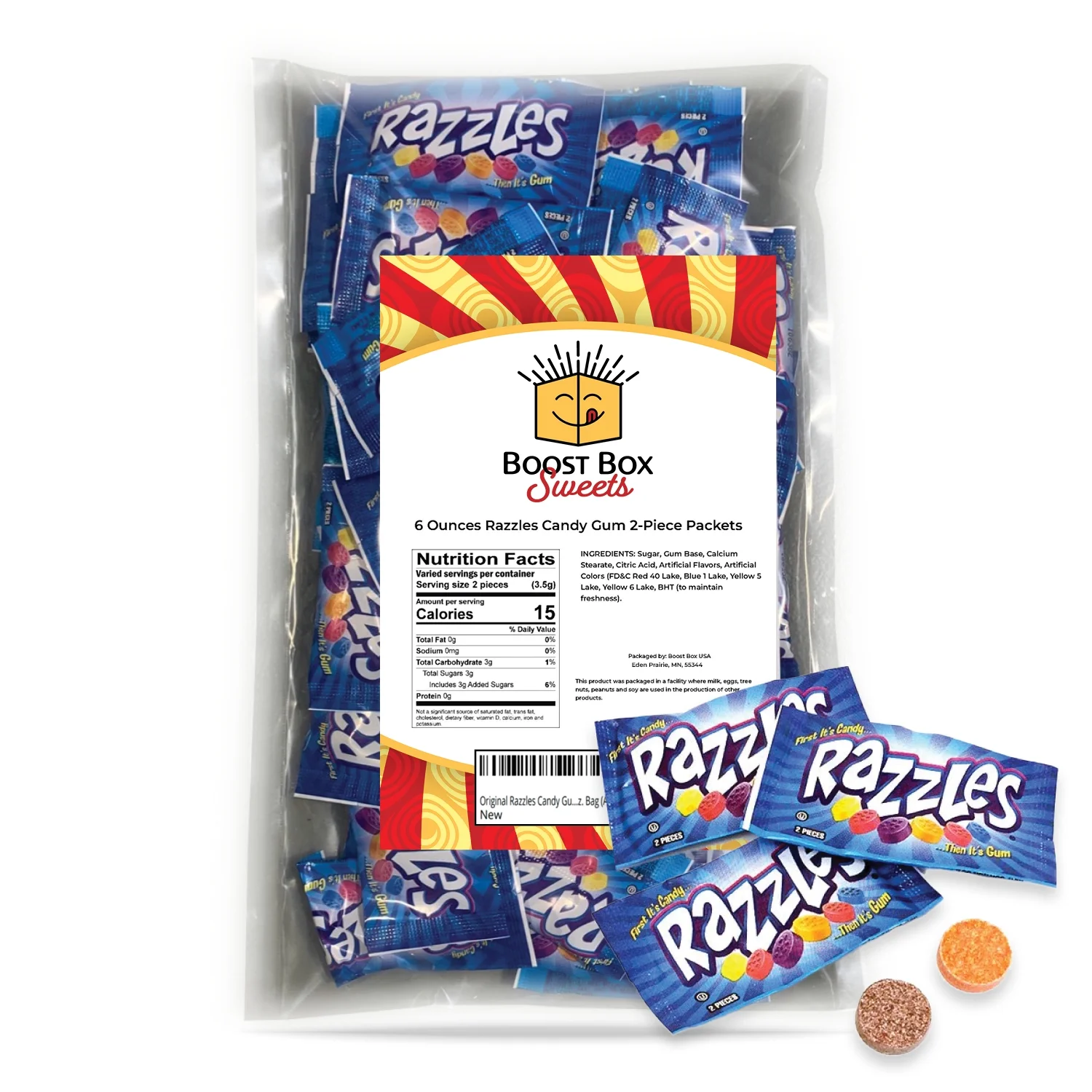 Razzles Candy Gum 2-Piece Packets 6 Oz. Bag (Approx. 50 Count) Assorted Original Fruit Flavors