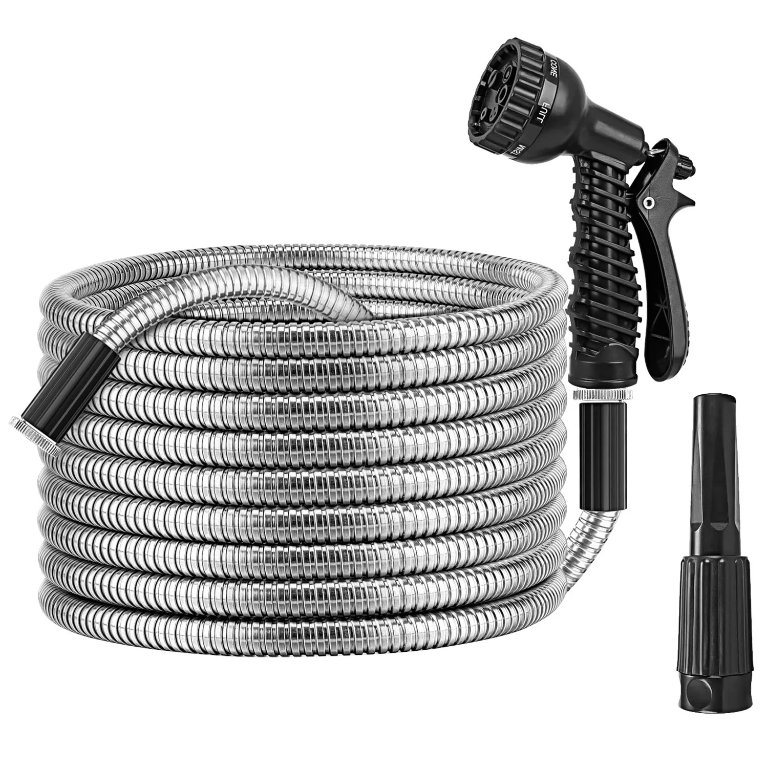 iMounTEK 25ft Garden Watering Hose Kit Stainless Steel, with 2 Nozzles 12 Patterns Flexible Extendable