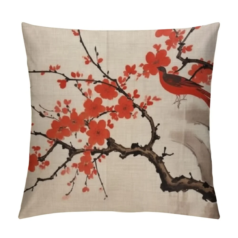 Wuche  Ink Oil Traditional Chinese Painting Throw Pillow Covers Red Plum Flowers Decorative Cherry Blossom Floral  Cushion Case Sofa Cushion Cover Lumbar  White