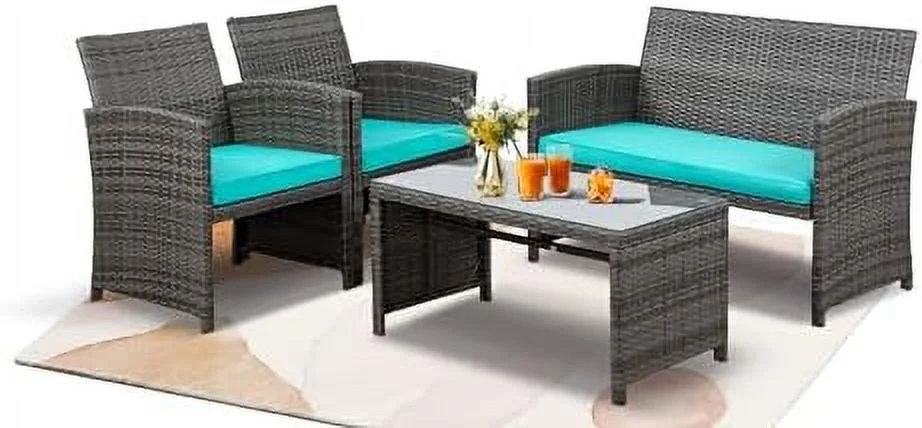 CHNKH 4 Pieces Outdoor Patio  Sets Conversation Sets Rattan Chair Wicker Set Coffee Table Outdoor Indoor Use Backyard Porch Garden Poolside Balcony (Grey Rattan/White)