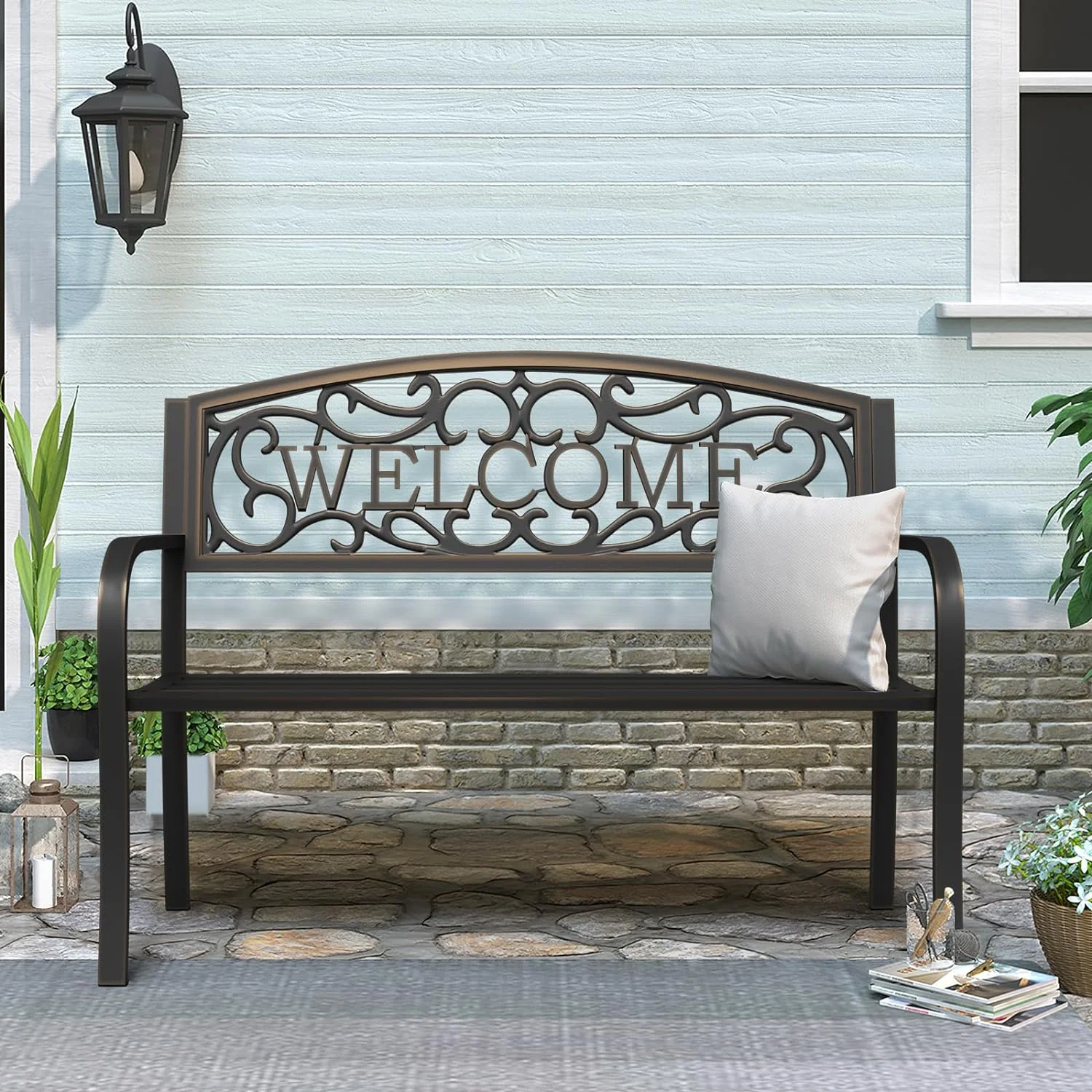 Outdoor Bench Garden Bench, Weatherproof Anti-Rust Heavy-Duty Outside Bench Clearance, Wrought Iron Metal Bench for Front Porch, Elegant, Park