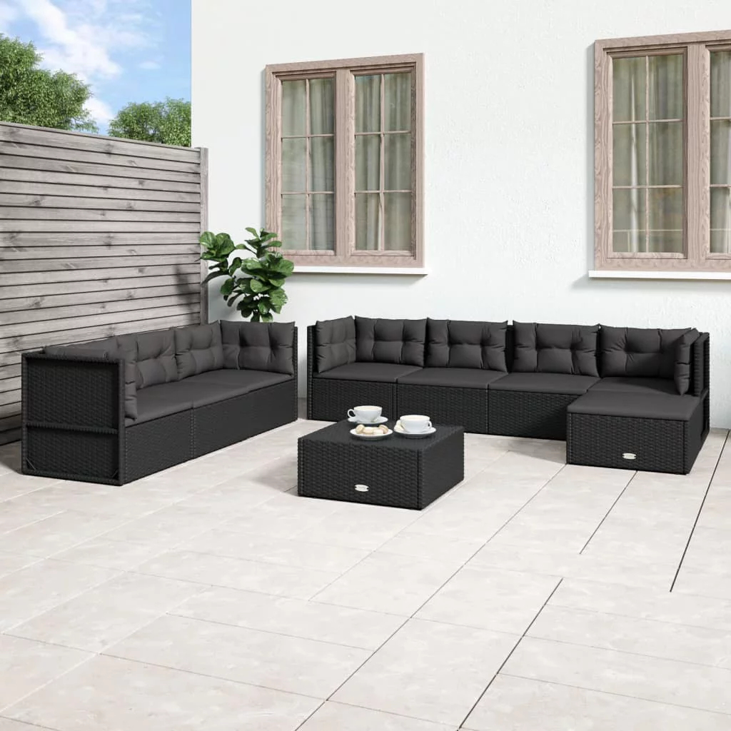 Dcenta 8 Piece Patio Set with Cushions Black Poly Rattan