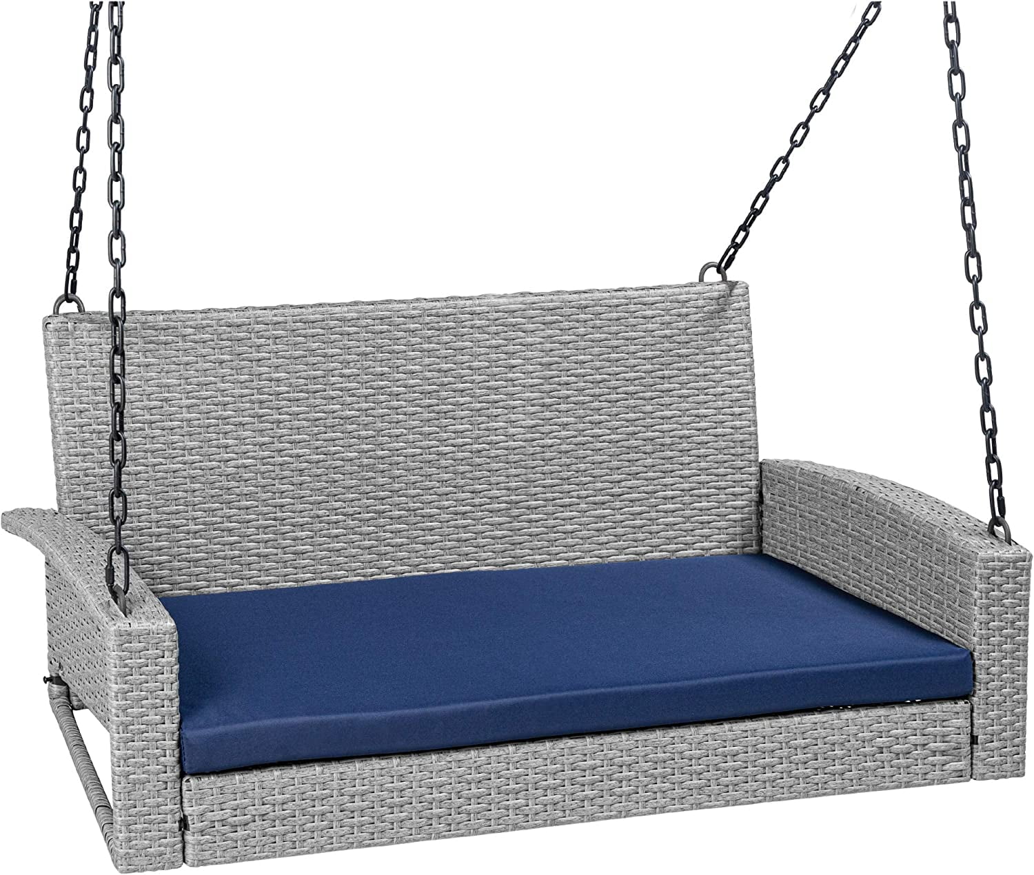 Woven Wicker Outdoor Porch Swing, Hanging Patio Bench for Deck, Garden w/Mounting Chains, Seat Cushion - Gray/Navy