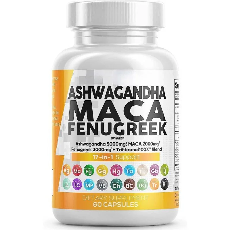 Ashwagandha 5000mg Maca Root 2000mg Fenugreek 3000mg Supplement with Tongkat Ali Ginseng - Assists with Stress, Mood & Thyroid Health - Ashwagandha Capsules Maca Pills Fenugreek Caps - 60 Count
