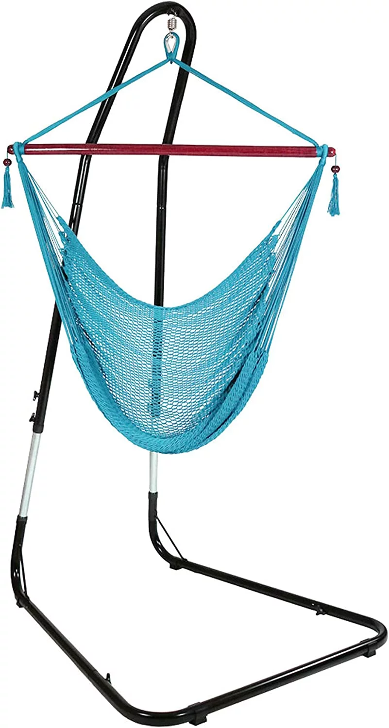 Hanging Rope Hammock Chair Swing with Adjustable Stand - 300-Pound Capacity - Sky Blue