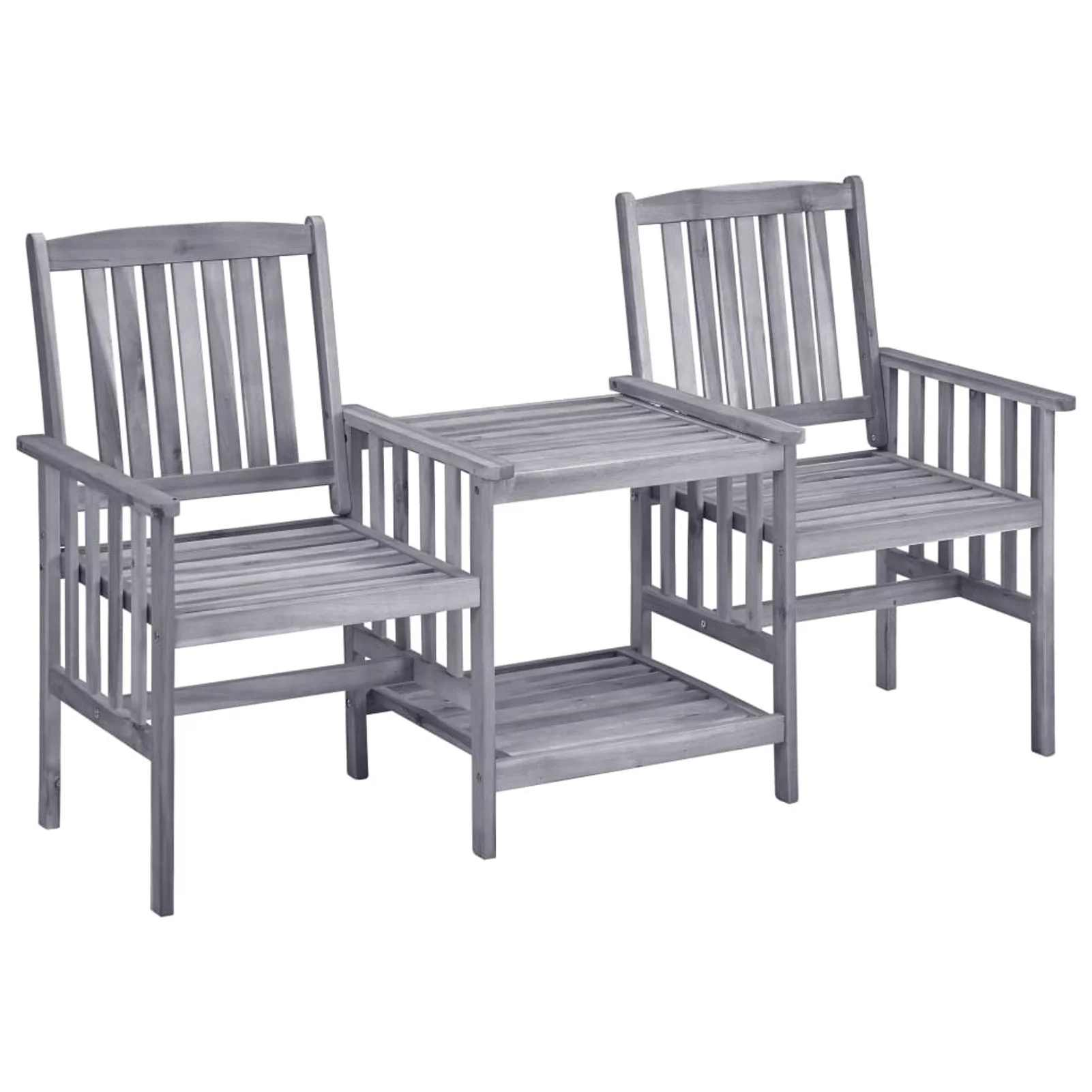 moobody Wooden Double Chairs with Cushion and Tea Table with Storage Shelf Gray Acacia Wood Bistro Set for Patio, Backyard, Balcony, Lawn,  62.6 x 24 x 36.2 Inches (L x W x H)