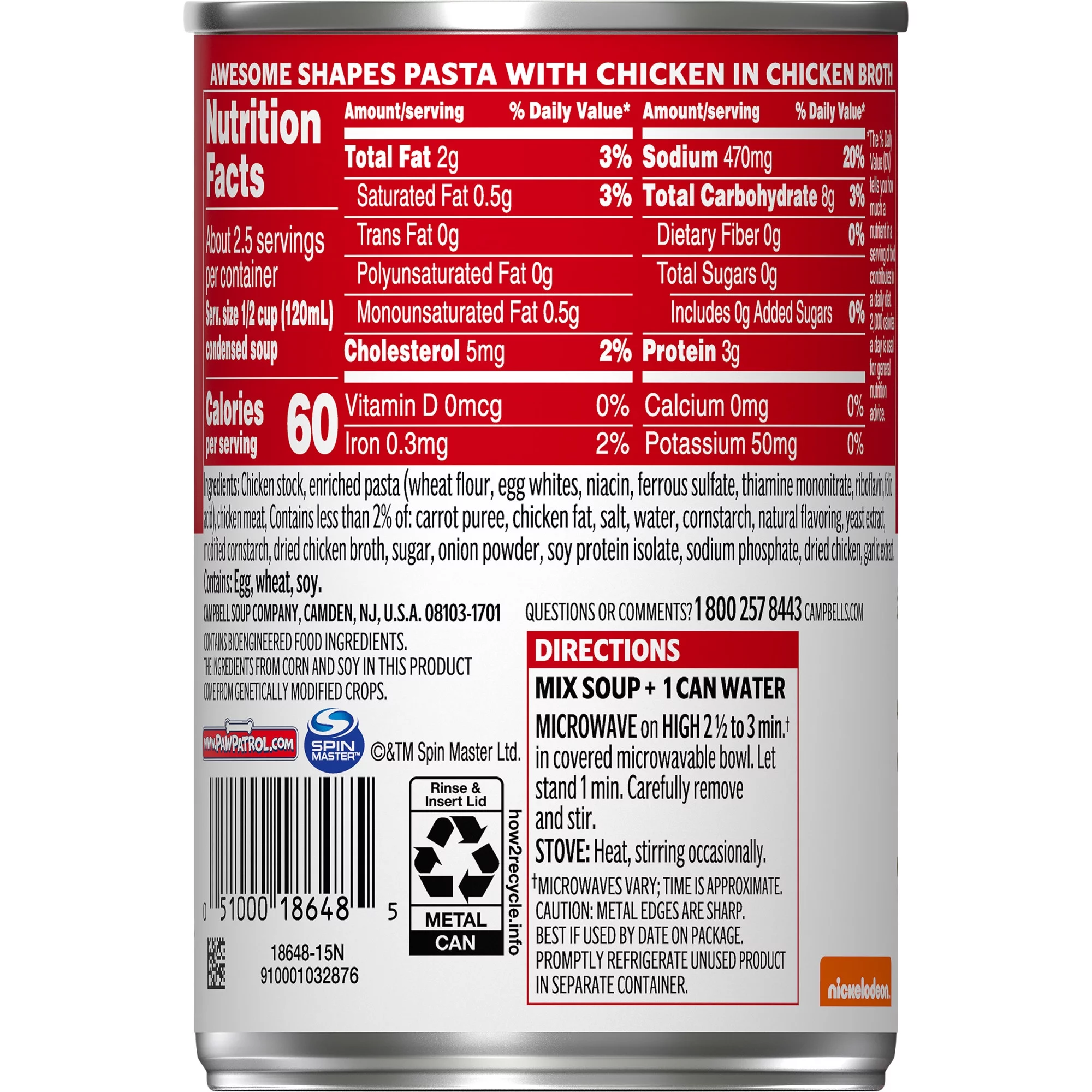 (4 pack) Campbell’s Condensed Kids Soup, Paw Patrol Awesome Shapes Pasta with Chicken in Chicken Broth, 10.5 oz Can